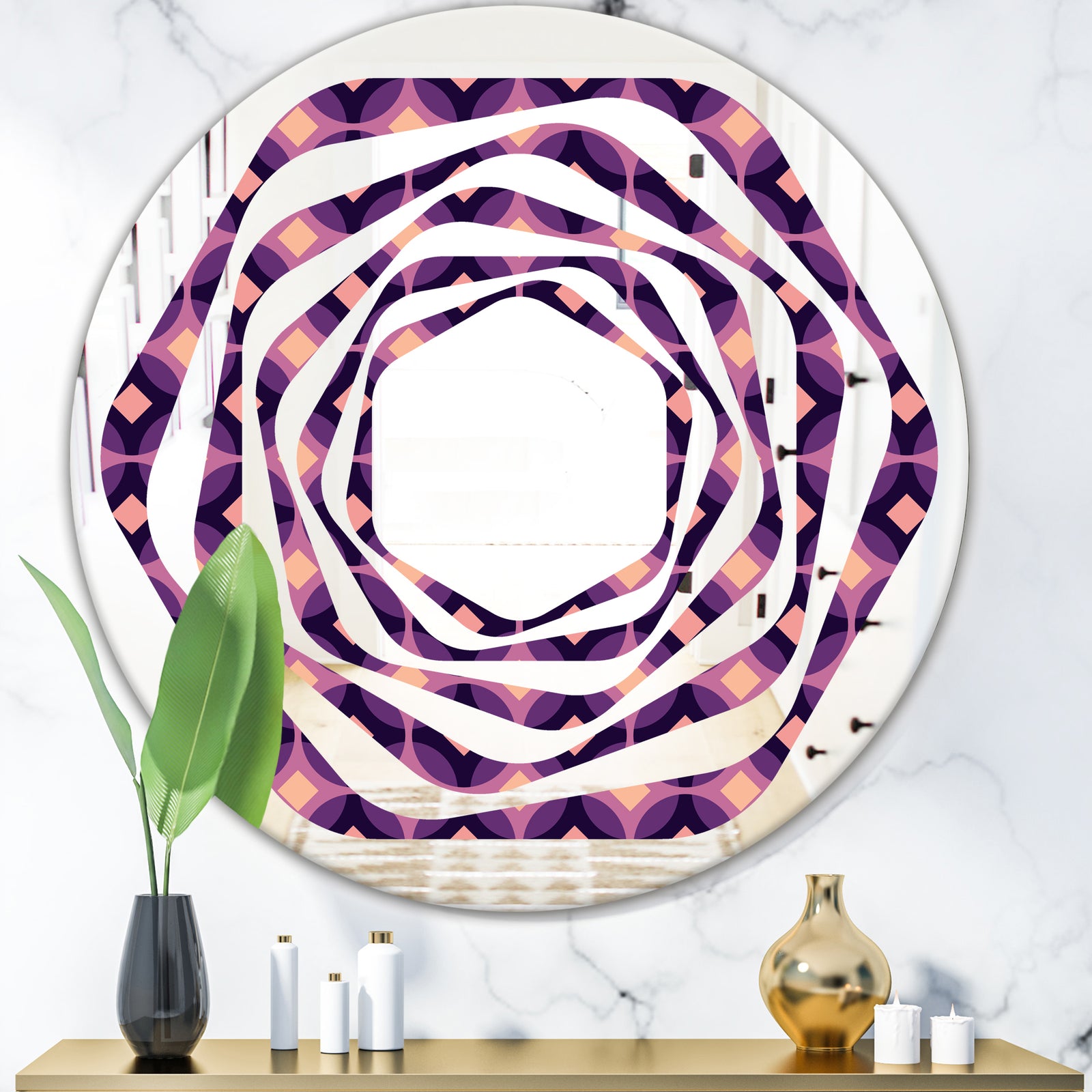 Retro Circular Purple and Yellow Pattern - Modern Round or Oval Wall Mirror - Whirl
