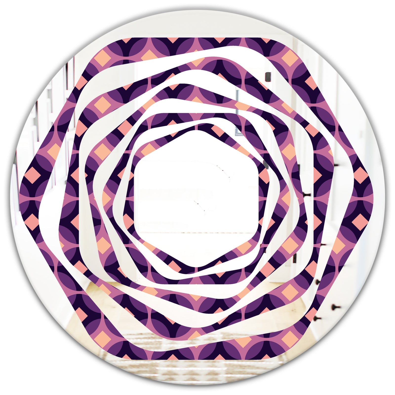 Retro Circular Purple and Yellow Pattern - Modern Round or Oval Wall Mirror - Whirl