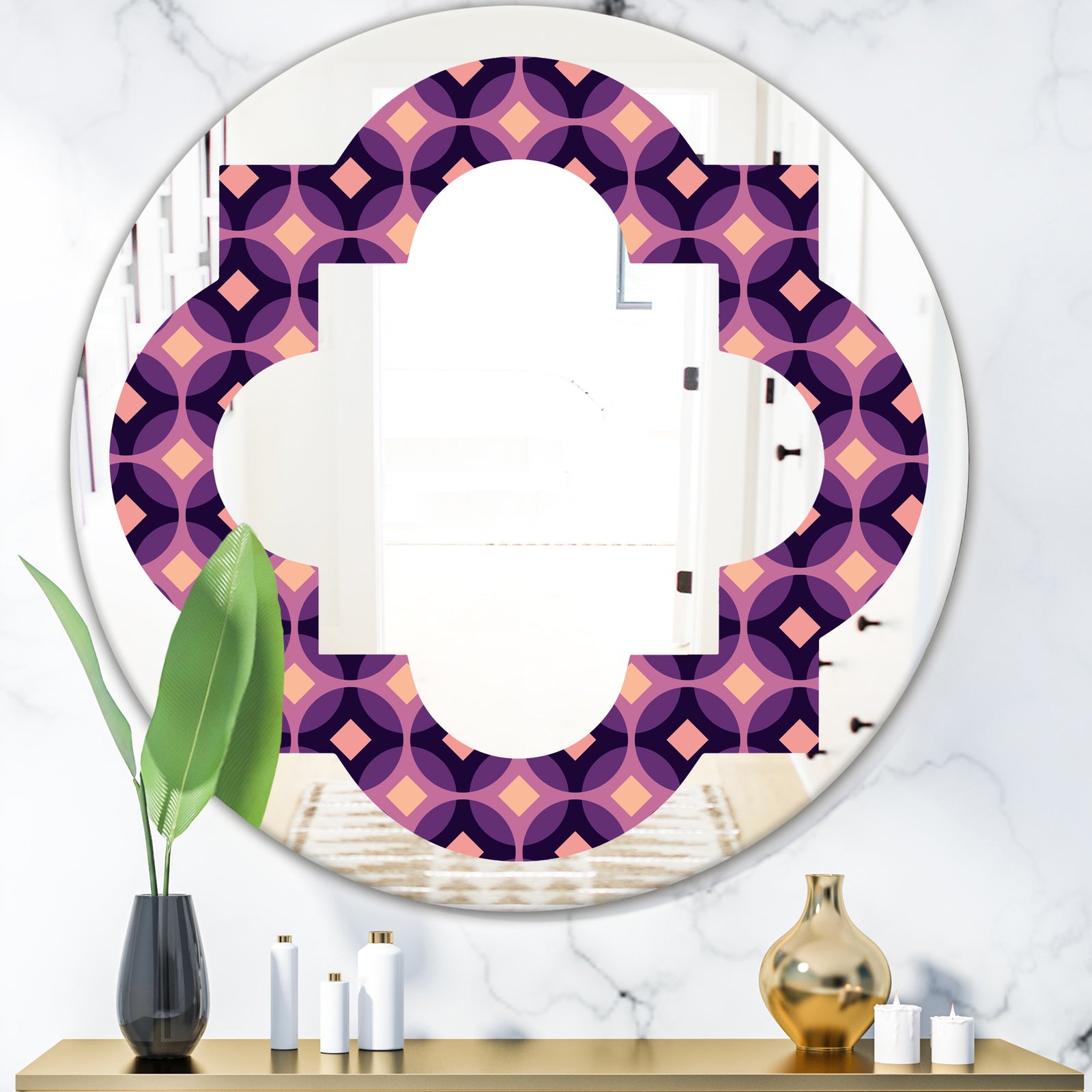 Retro Circular Purple and Yellow Pattern - Modern Round or Oval Wall Mirror - Quatrefoil