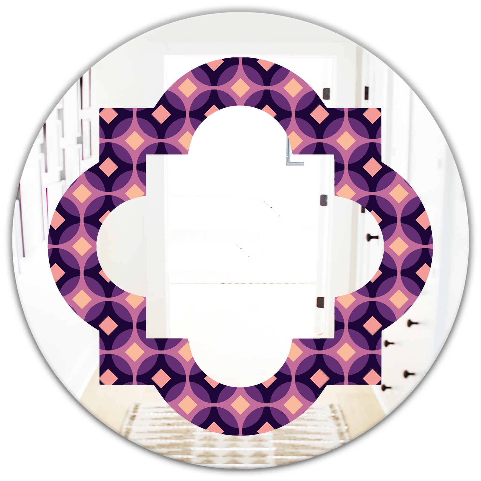 Retro Circular Purple and Yellow Pattern - Modern Round or Oval Wall Mirror - Quatrefoil