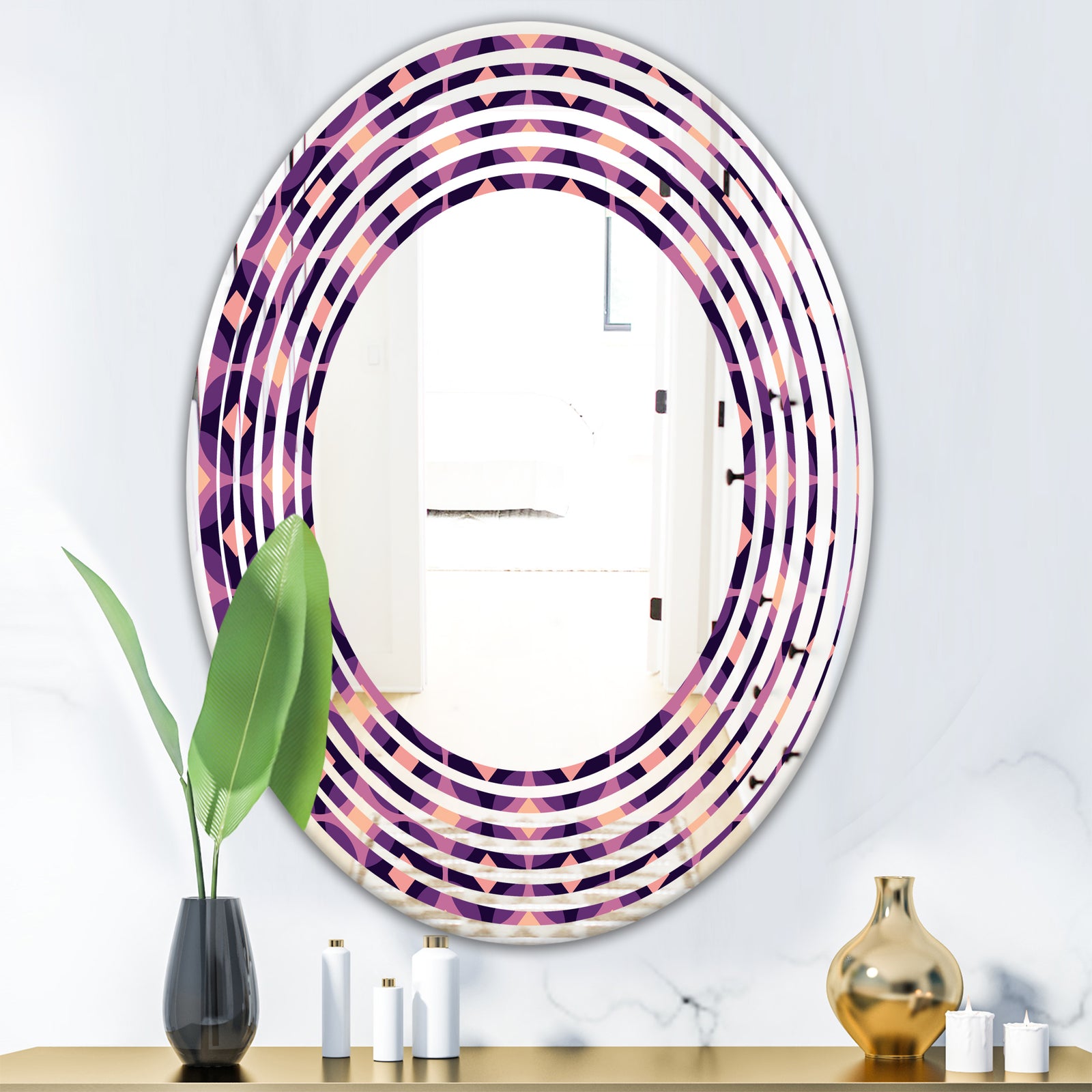 Retro Circular Purple and Yellow Pattern - Modern Round or Oval Wall Mirror - Wave