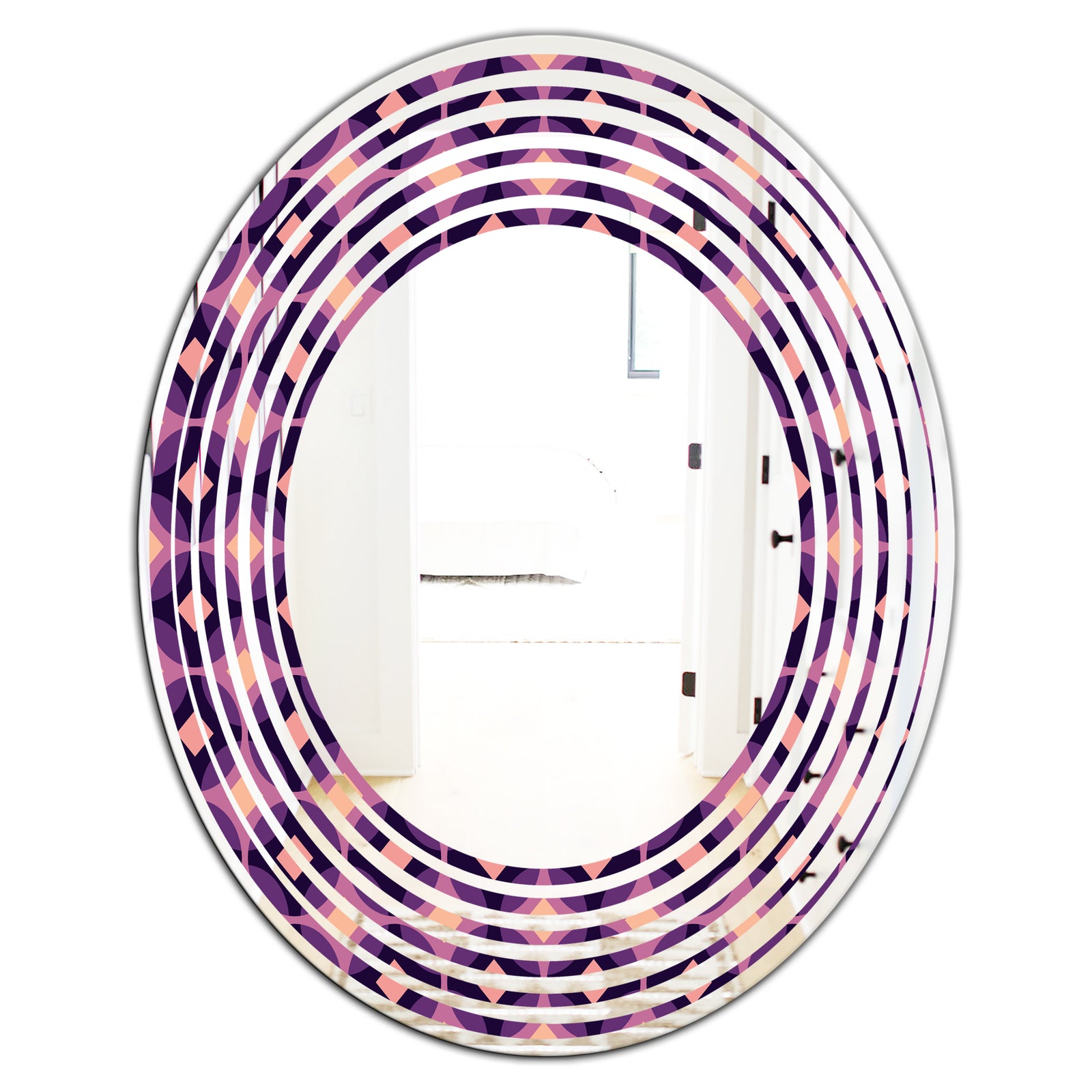 Retro Circular Purple and Yellow Pattern - Modern Round or Oval Wall Mirror - Wave
