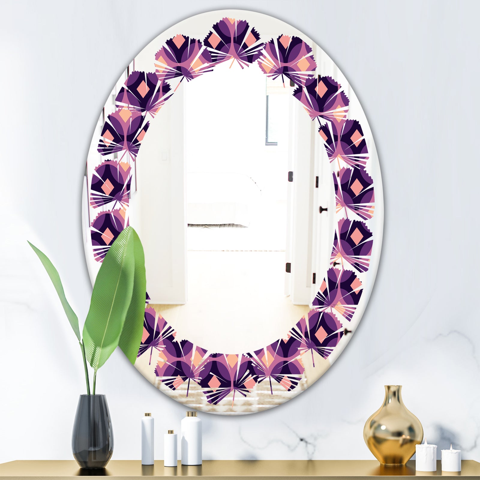 Retro Circular Purple and Yellow Pattern - Modern Round or Oval Wall Mirror - Leaves