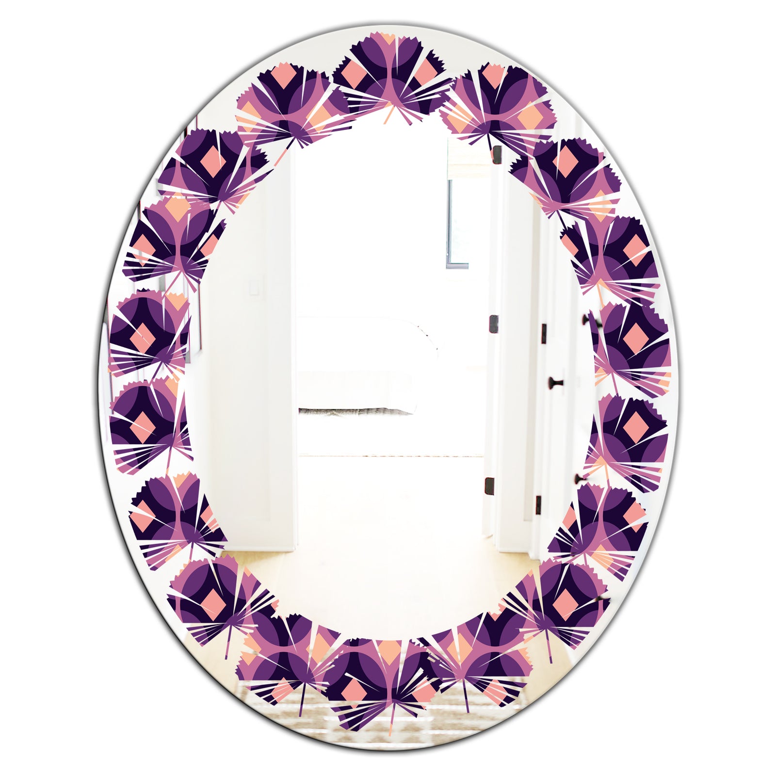 Retro Circular Purple and Yellow Pattern - Modern Round or Oval Wall Mirror - Leaves