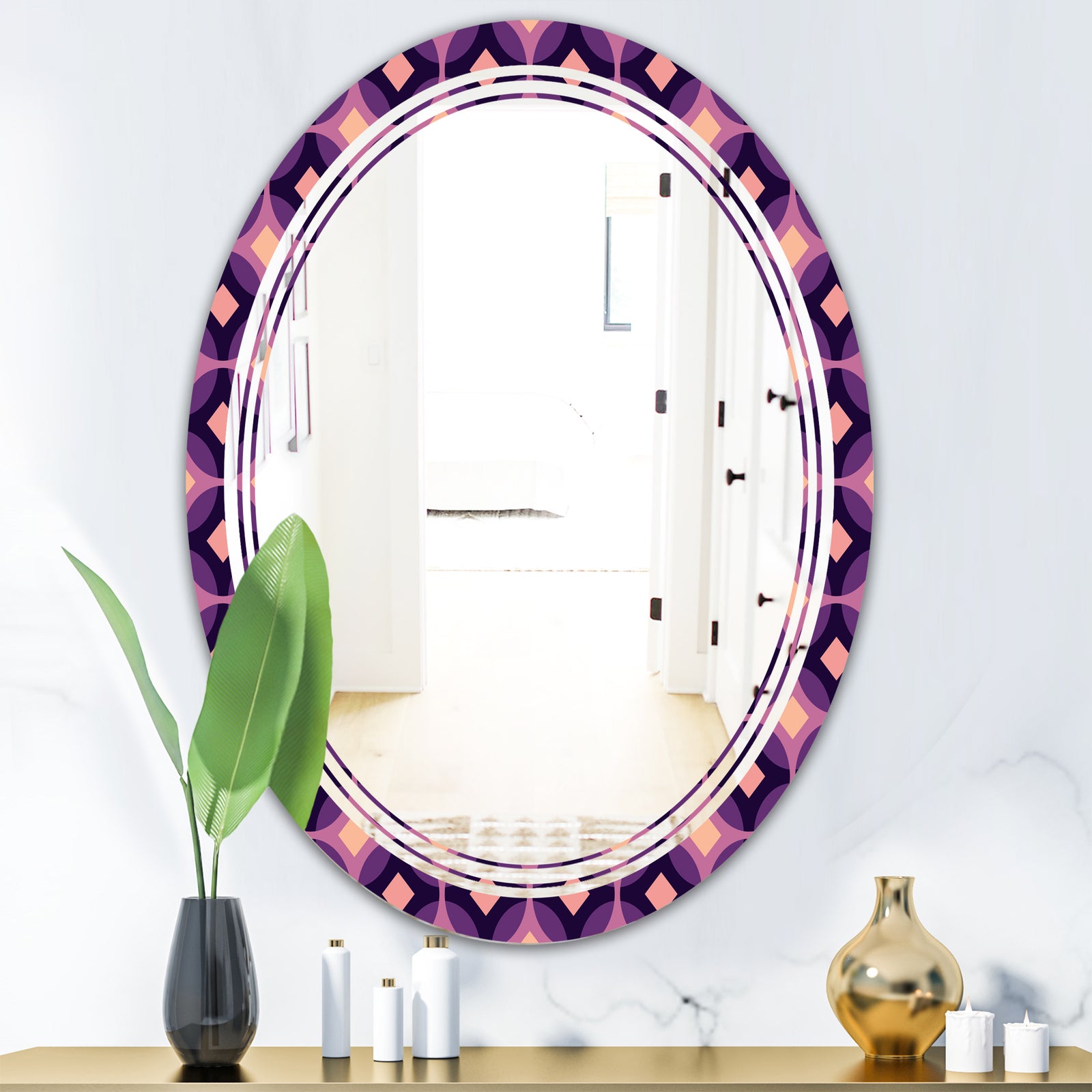 Retro Circular Purple and Yellow Pattern - Modern Round or Oval Wall Mirror - Triple C