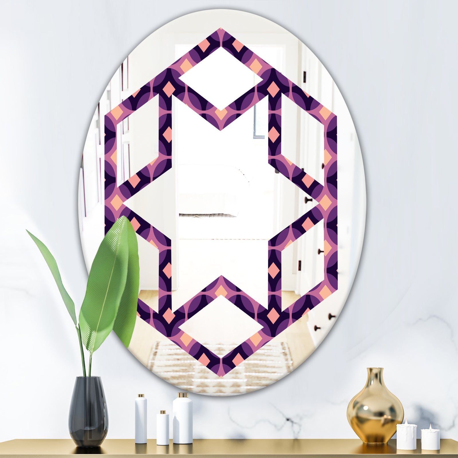 Retro Circular Purple and Yellow Pattern - Modern Round or Oval Wall Mirror - Hexagon Star