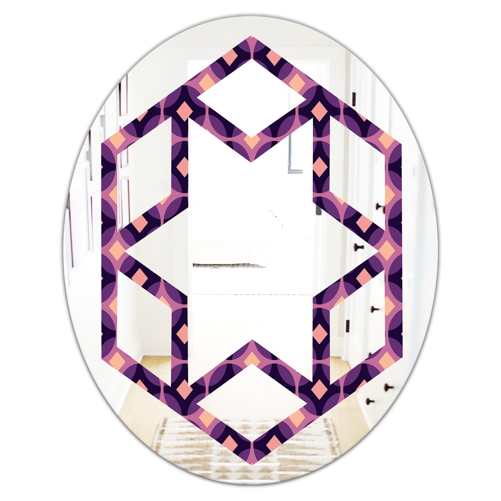 Retro Circular Purple and Yellow Pattern - Modern Round or Oval Wall Mirror - Hexagon Star