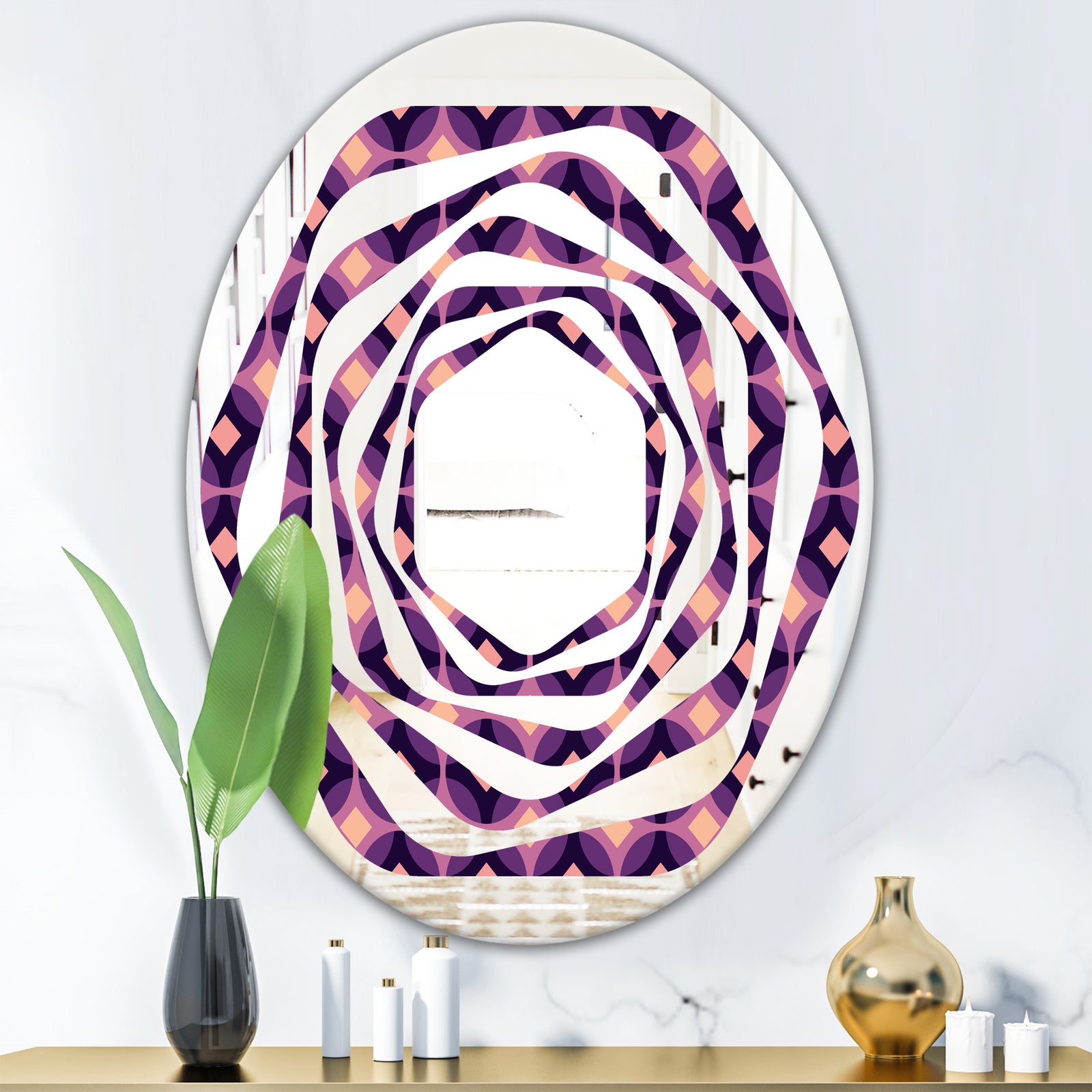Retro Circular Purple and Yellow Pattern - Modern Round or Oval Wall Mirror - Whirl