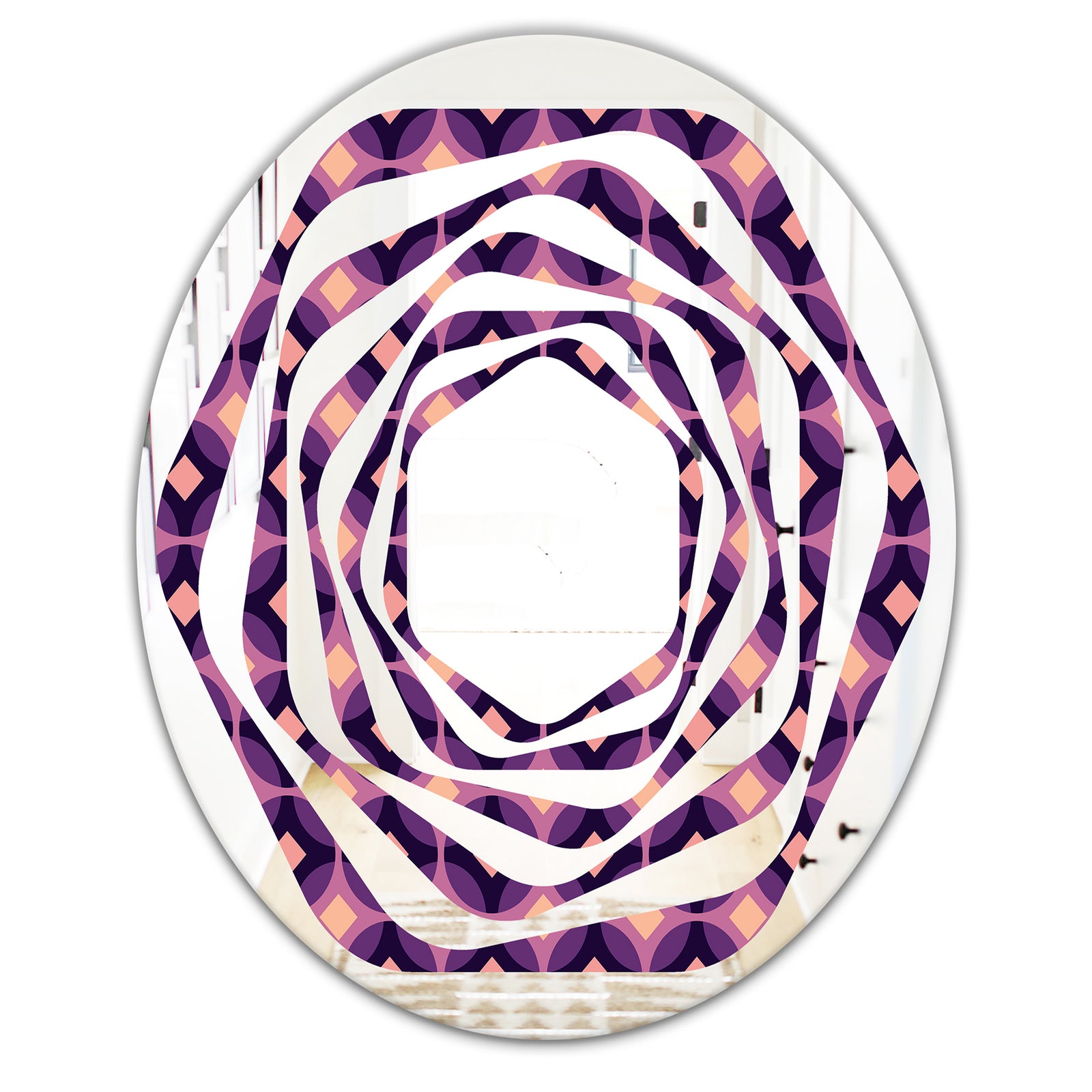 Retro Circular Purple and Yellow Pattern - Modern Round or Oval Wall Mirror - Whirl