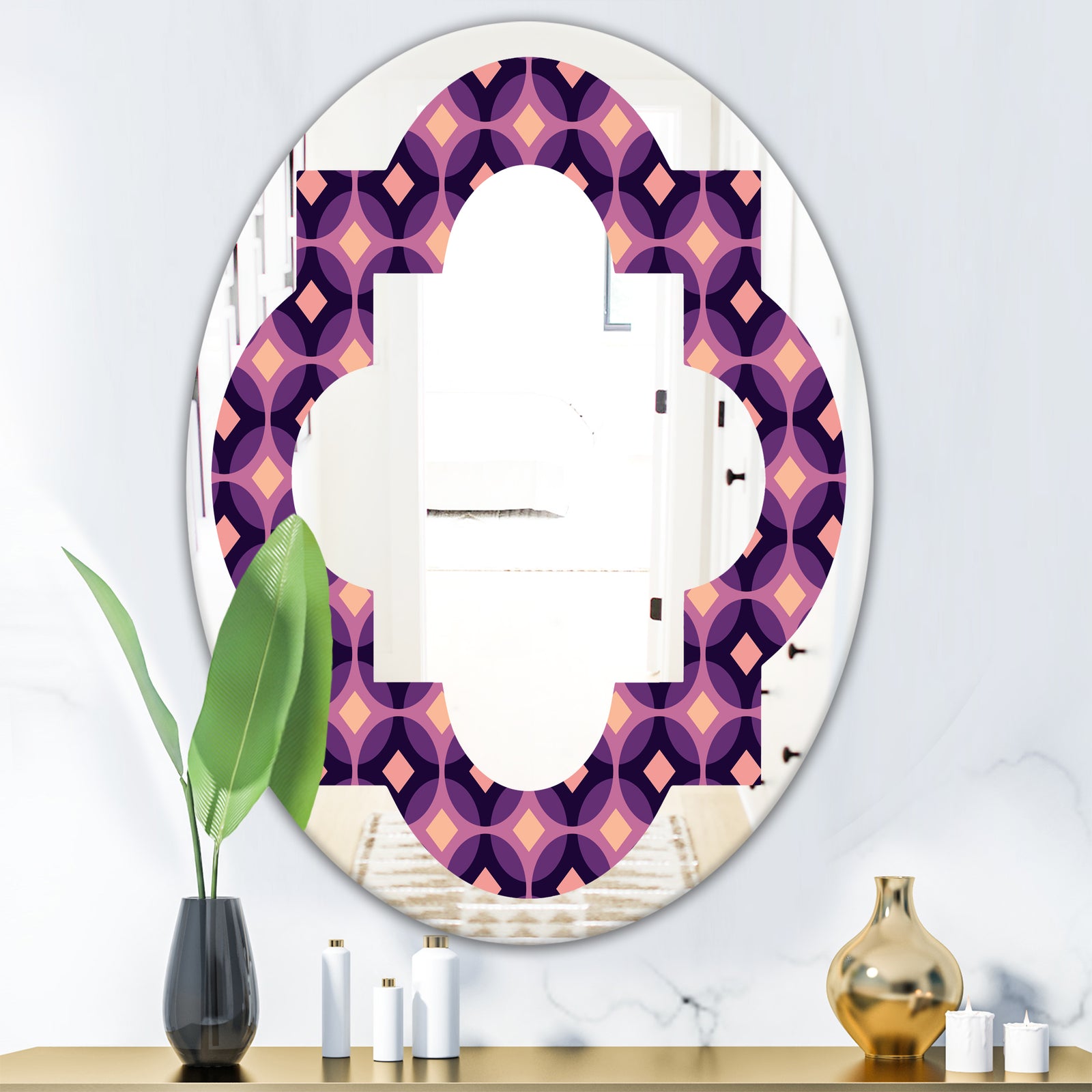 Retro Circular Purple and Yellow Pattern - Modern Round or Oval Wall Mirror - Quatrefoil