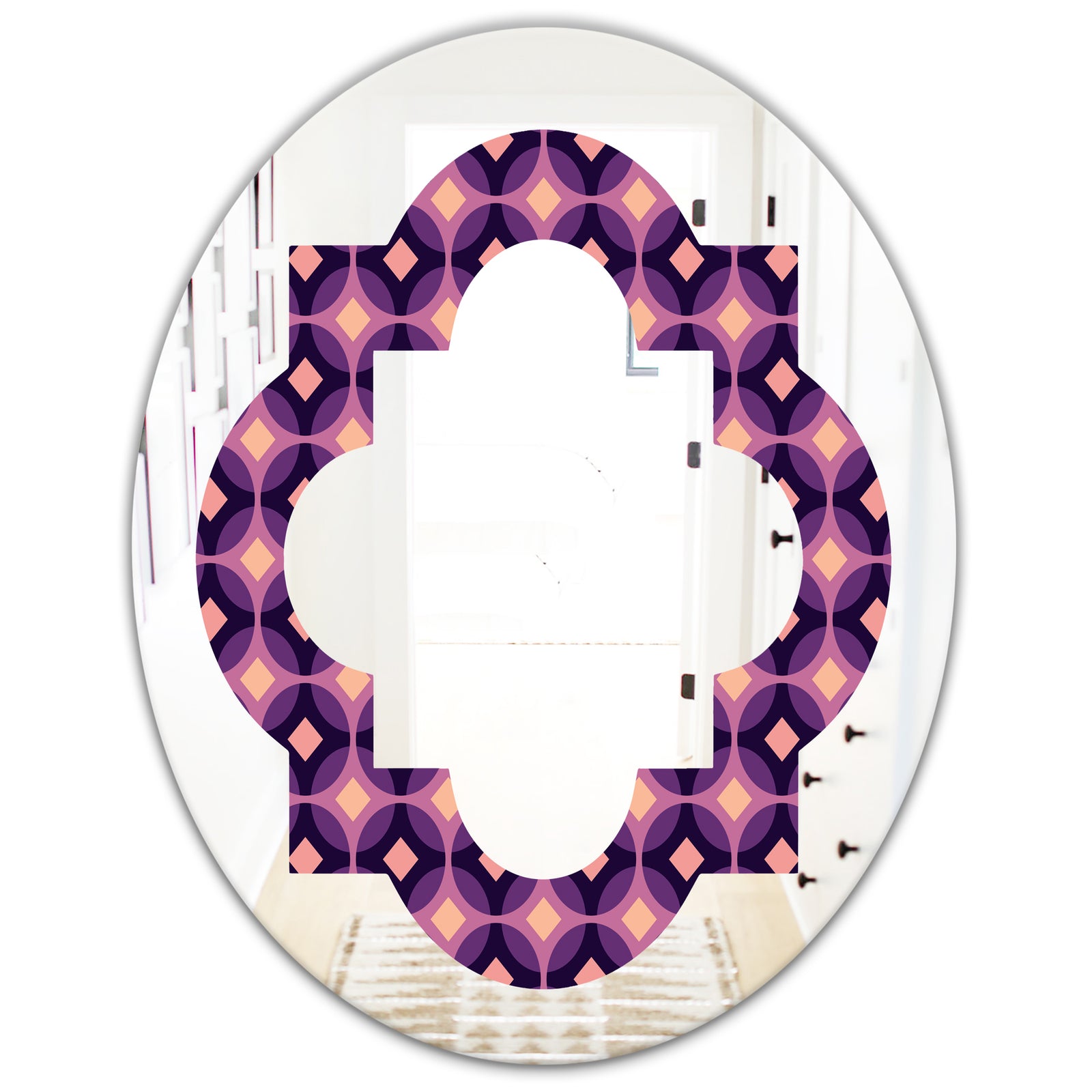 Retro Circular Purple and Yellow Pattern - Modern Round or Oval Wall Mirror - Quatrefoil