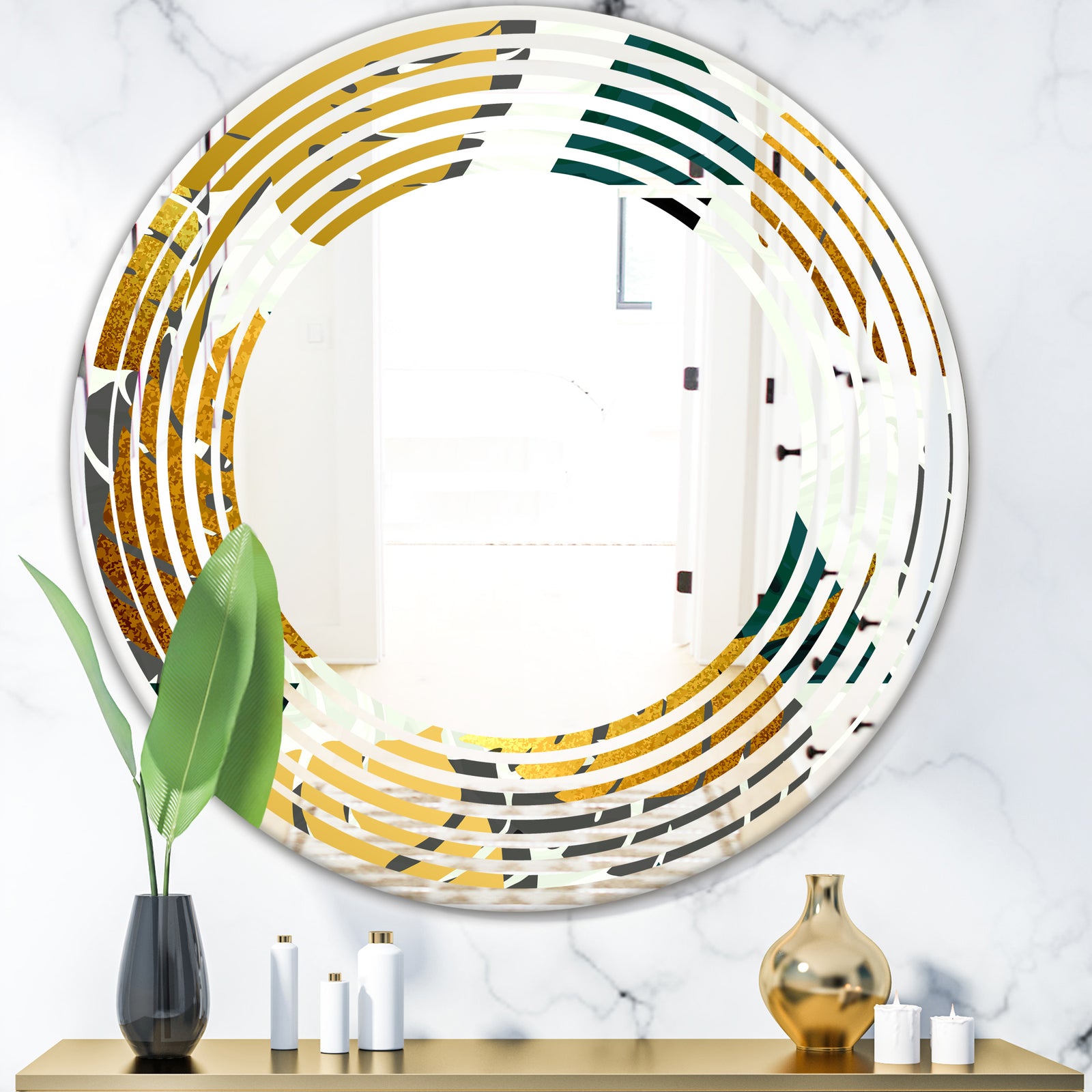 Golden Foliage V - Modern Round or Oval Wall Mirror - Wave