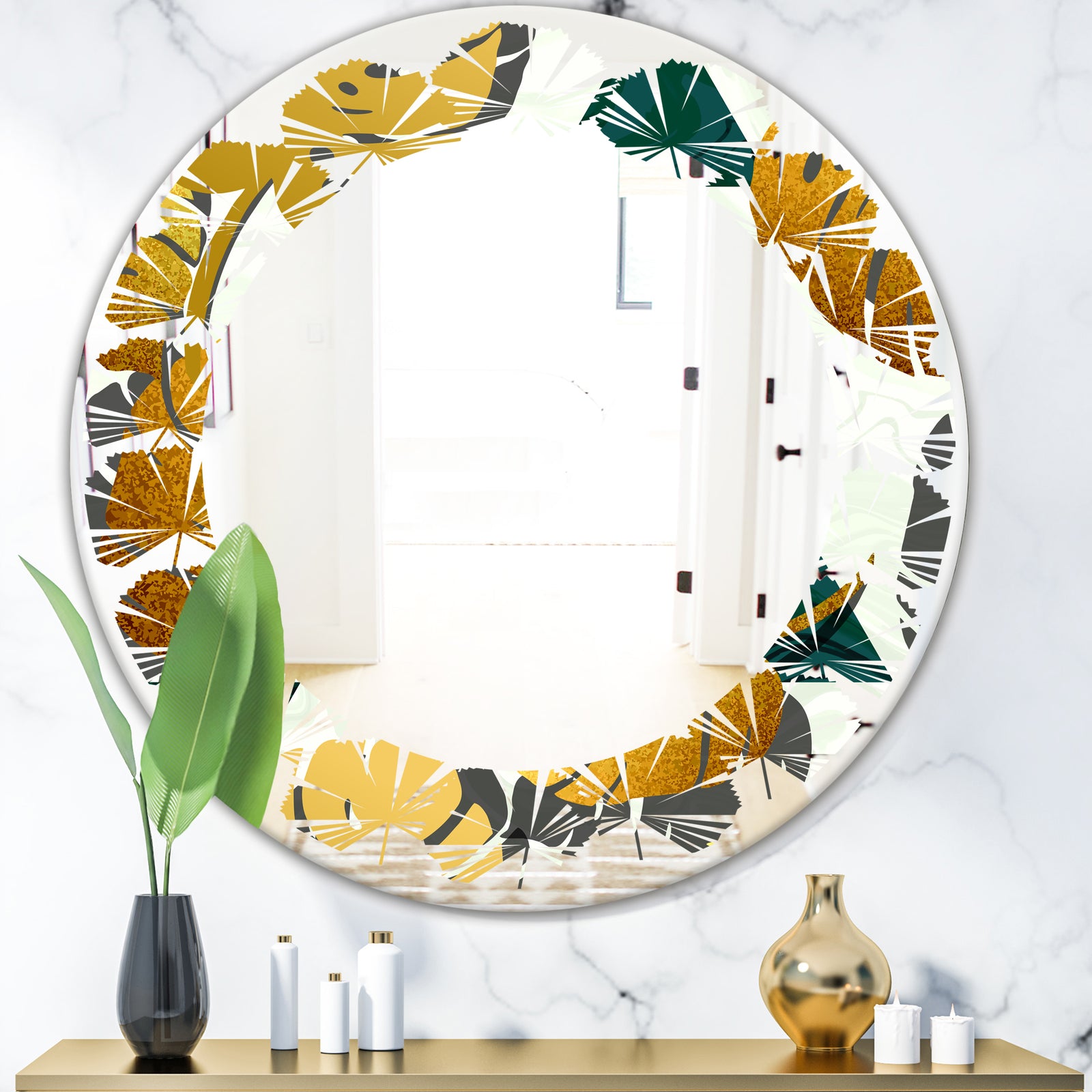Golden Foliage V - Modern Round or Oval Wall Mirror - Leaves