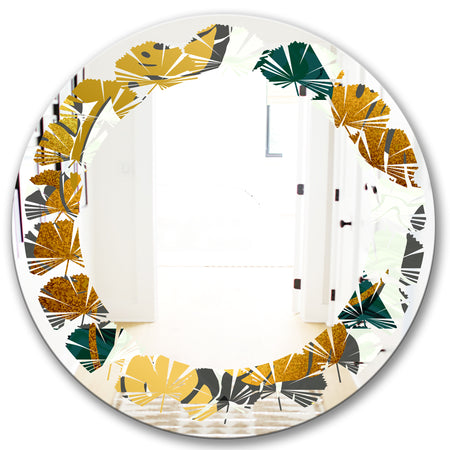 Golden Foliage V - Modern Round or Oval Wall Mirror - Leaves