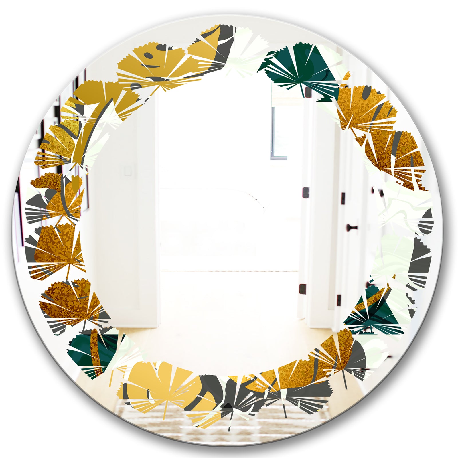 Golden Foliage V - Modern Round or Oval Wall Mirror - Leaves