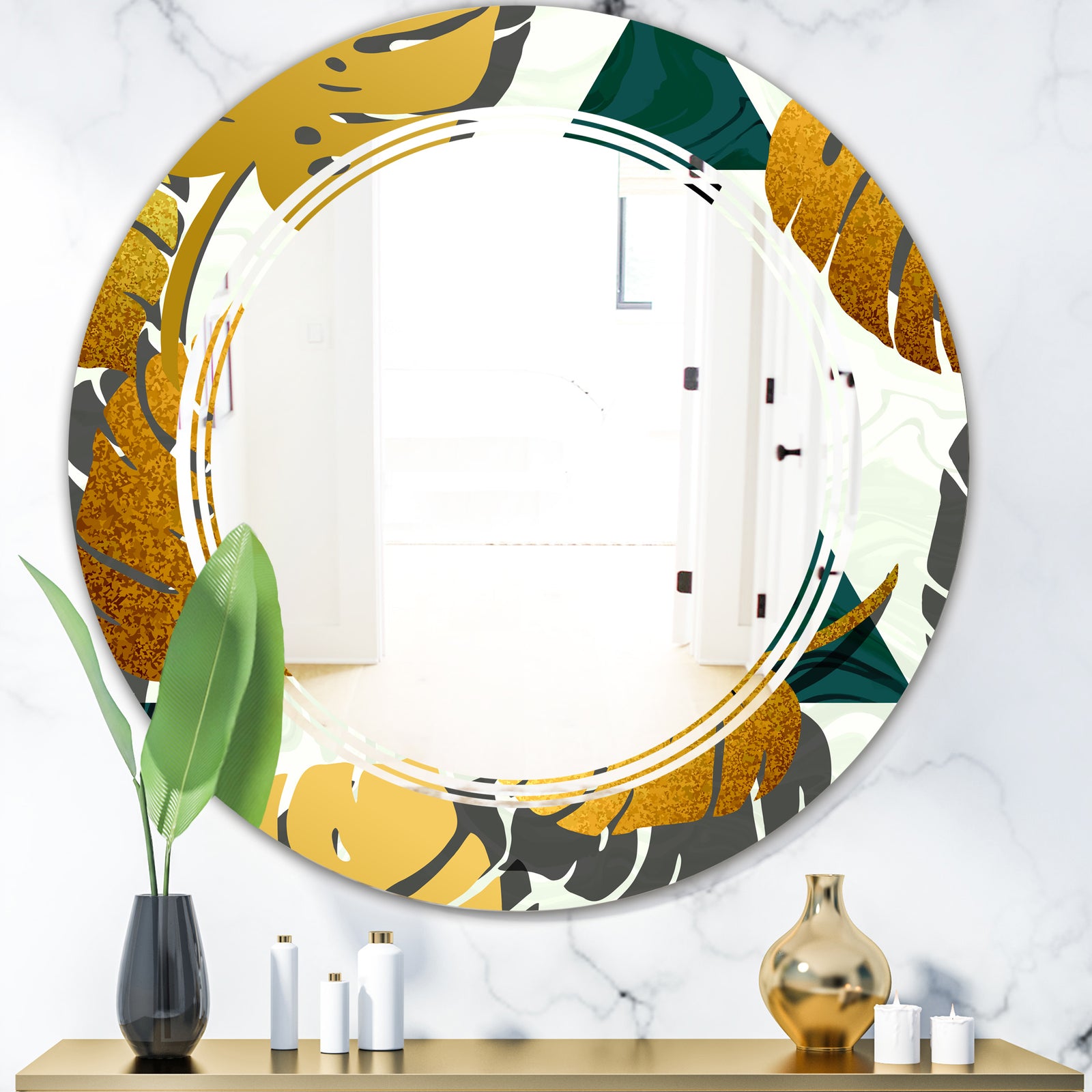 Golden Foliage V - Modern Round or Oval Wall Mirror - Triple C