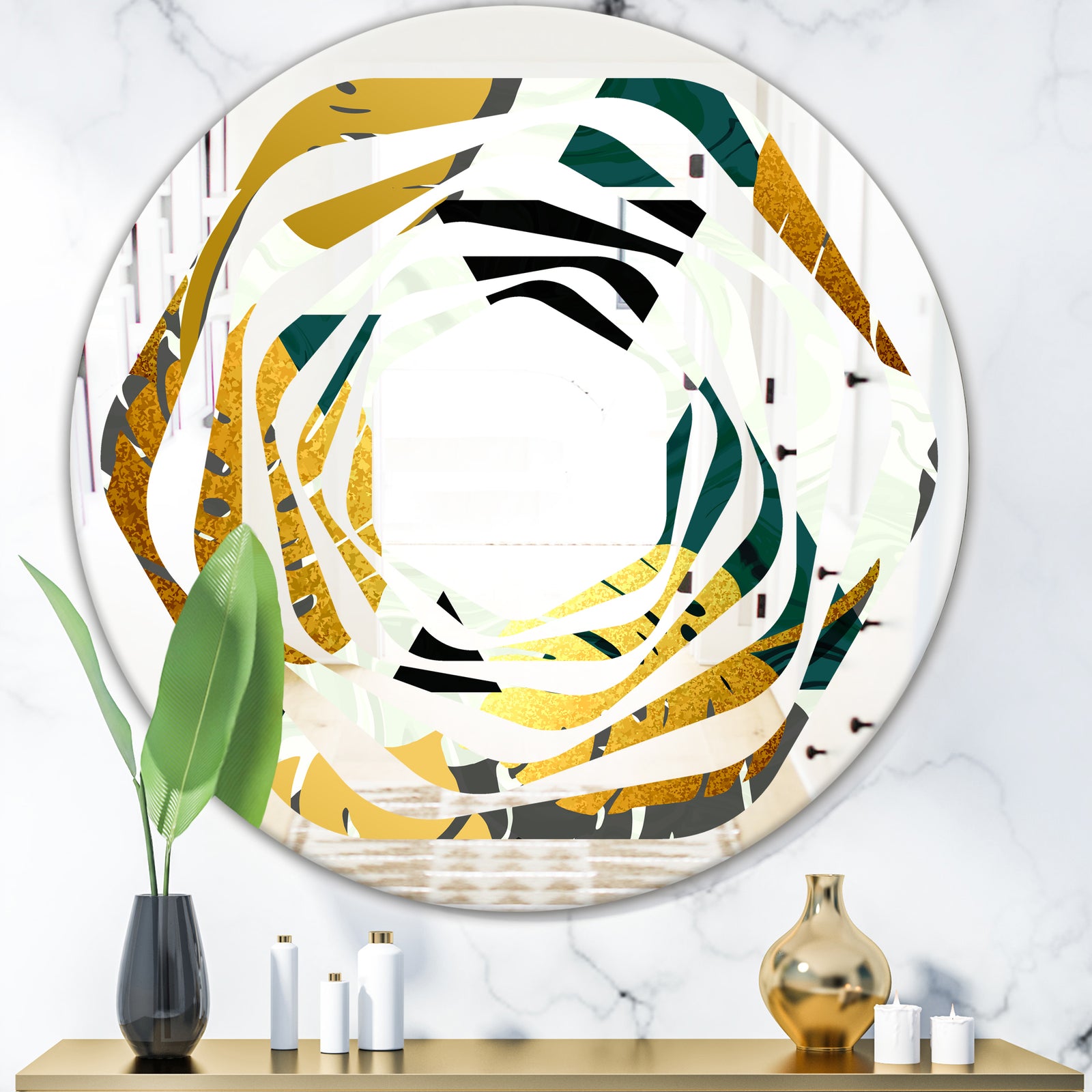 Golden Foliage V - Modern Round or Oval Wall Mirror - Whirl