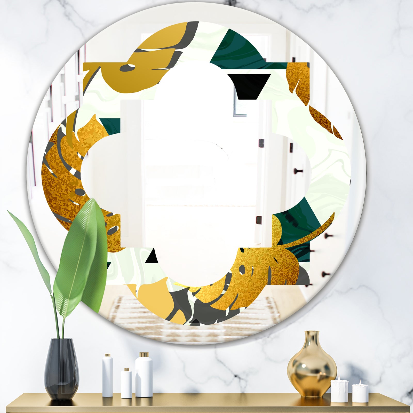 Golden Foliage V - Modern Round or Oval Wall Mirror - Quatrefoil