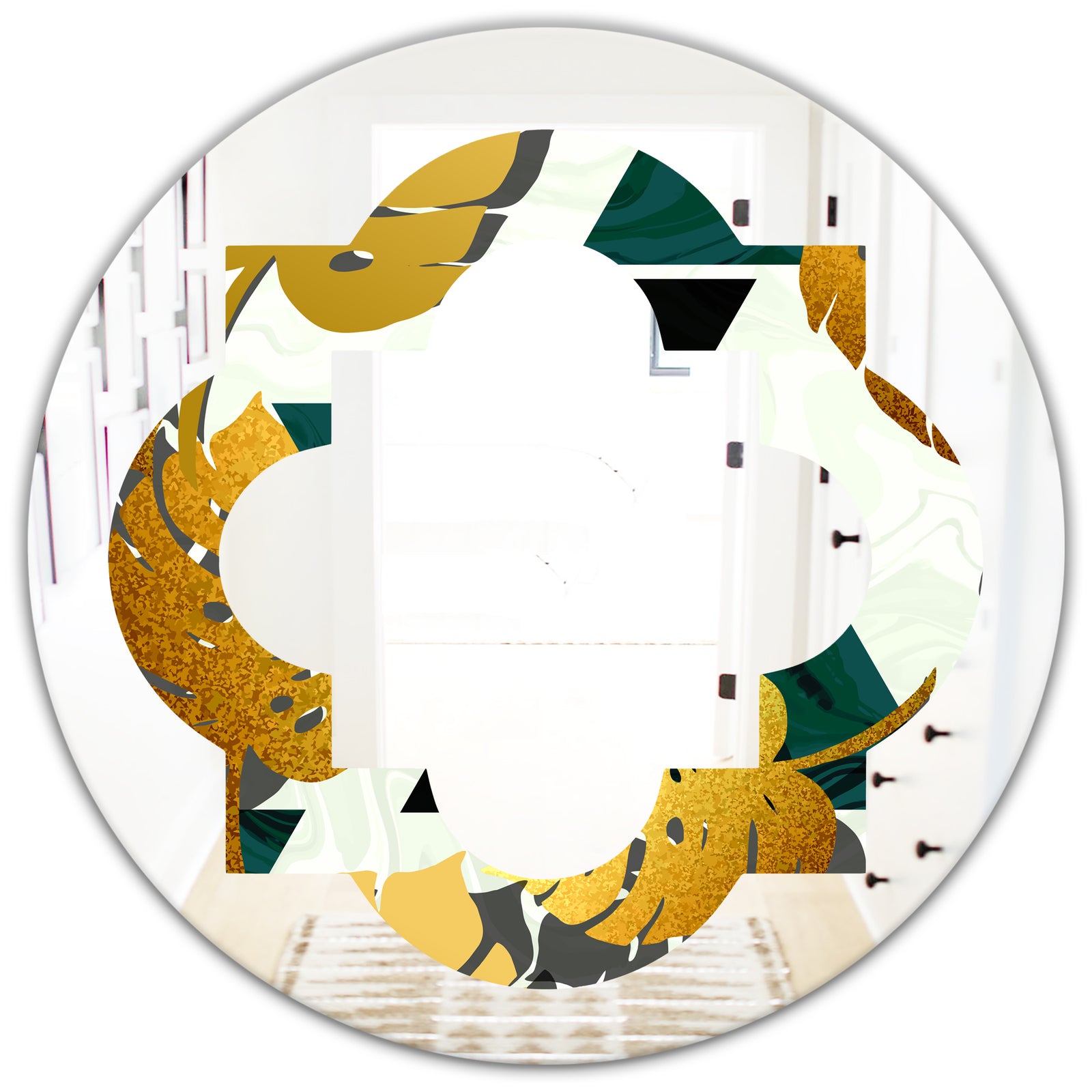 Golden Foliage V - Modern Round or Oval Wall Mirror - Quatrefoil