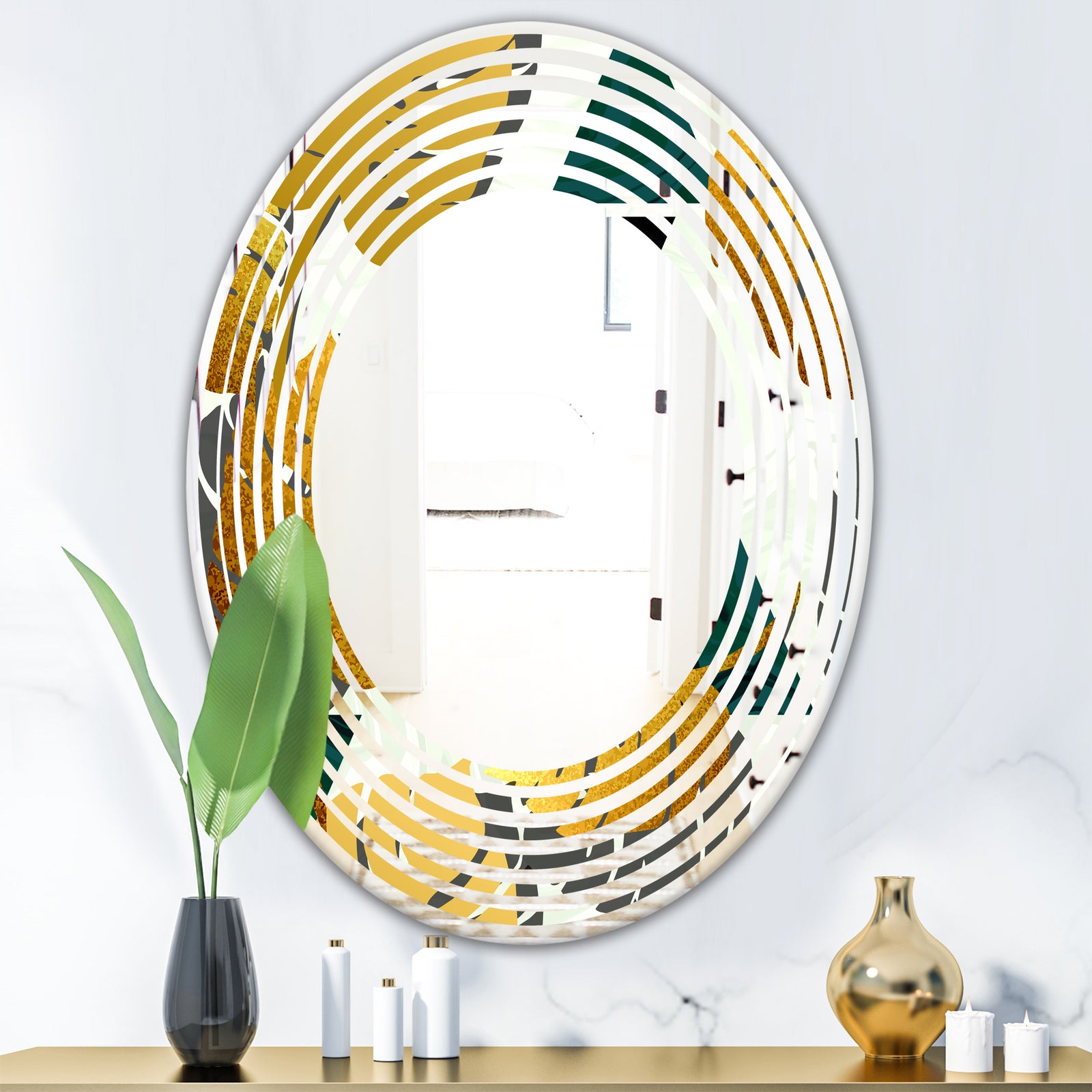 Golden Foliage V - Modern Round or Oval Wall Mirror - Wave