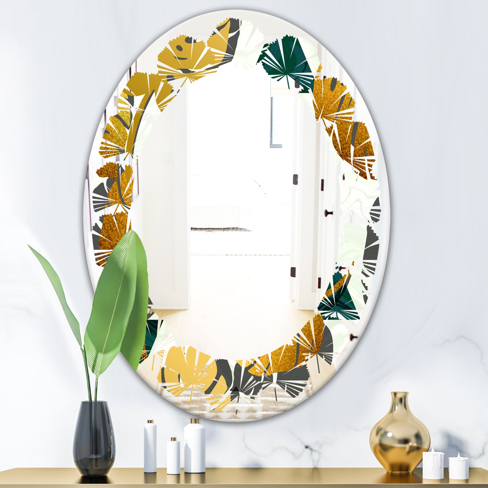 Golden Foliage V - Modern Round or Oval Wall Mirror - Leaves