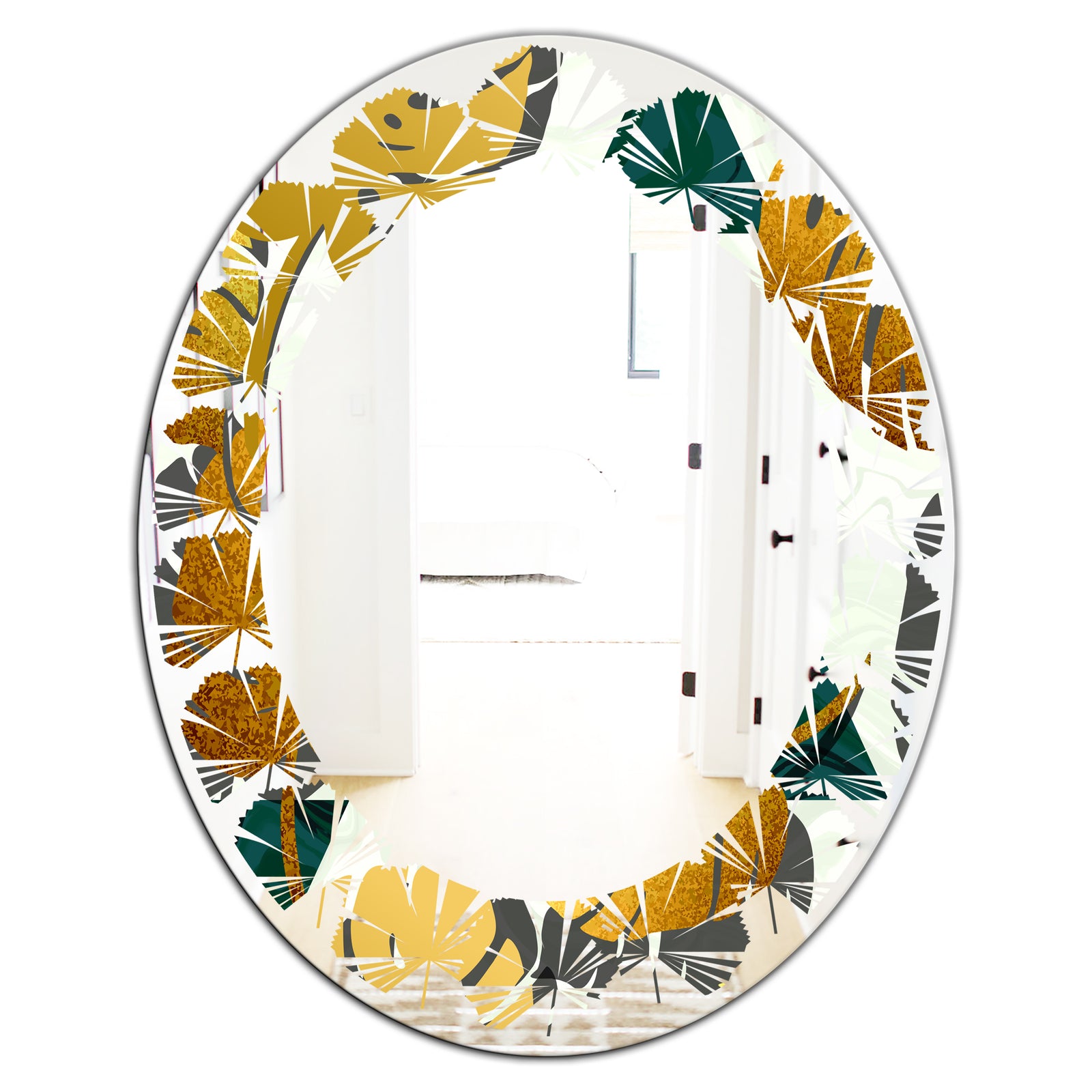 Golden Foliage V - Modern Round or Oval Wall Mirror - Leaves