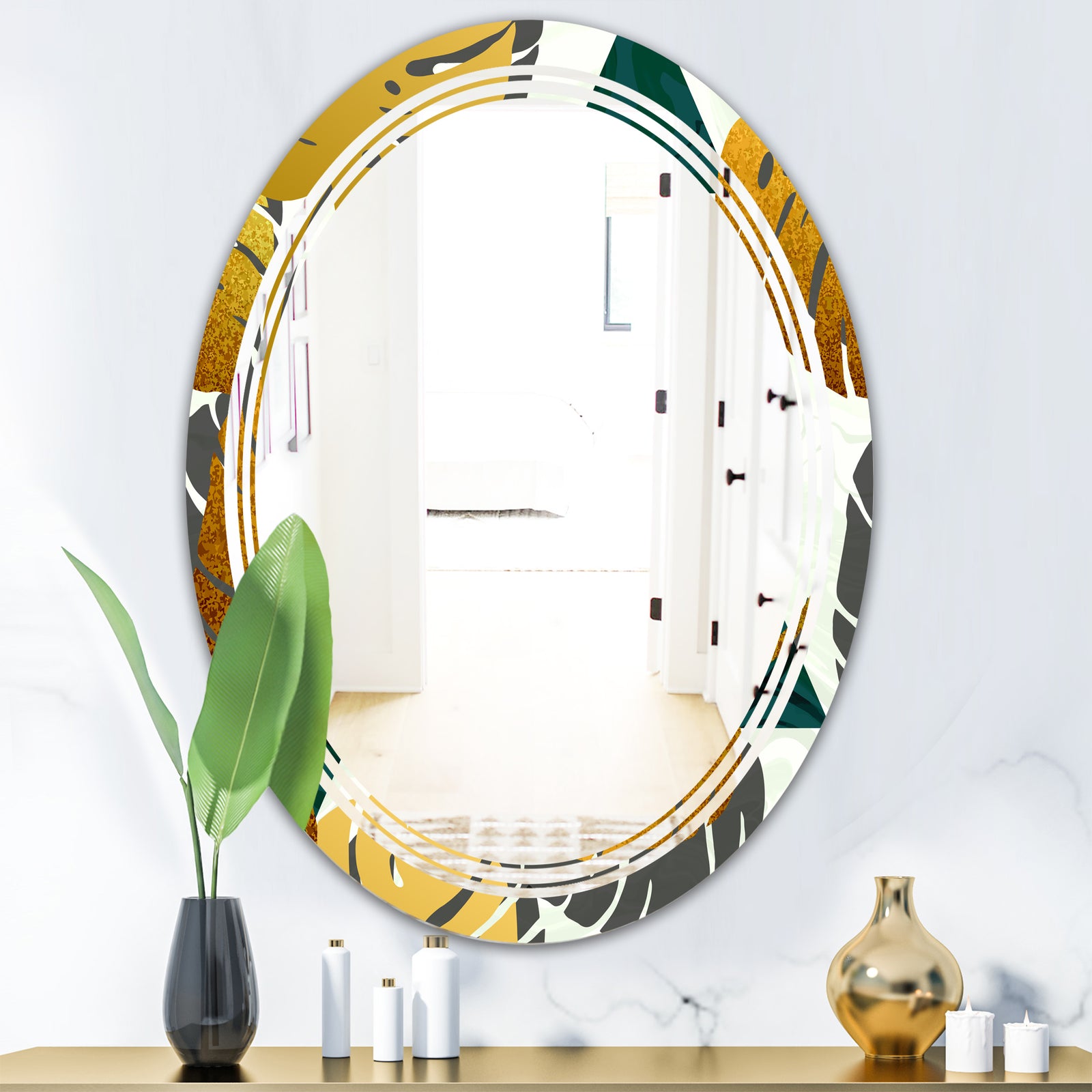 Golden Foliage V - Modern Round or Oval Wall Mirror - Triple C