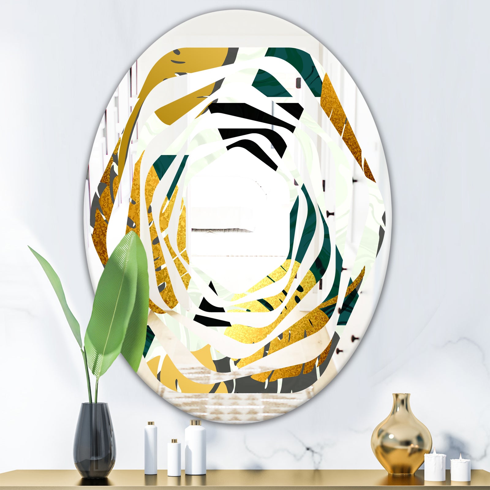 Golden Foliage V - Modern Round or Oval Wall Mirror - Whirl