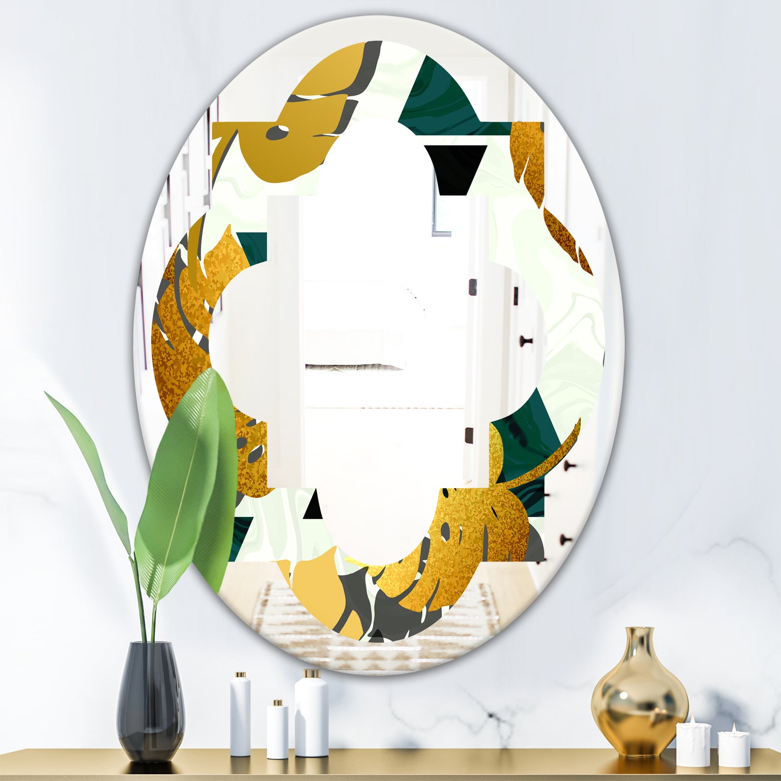 Golden Foliage V - Modern Round or Oval Wall Mirror - Quatrefoil