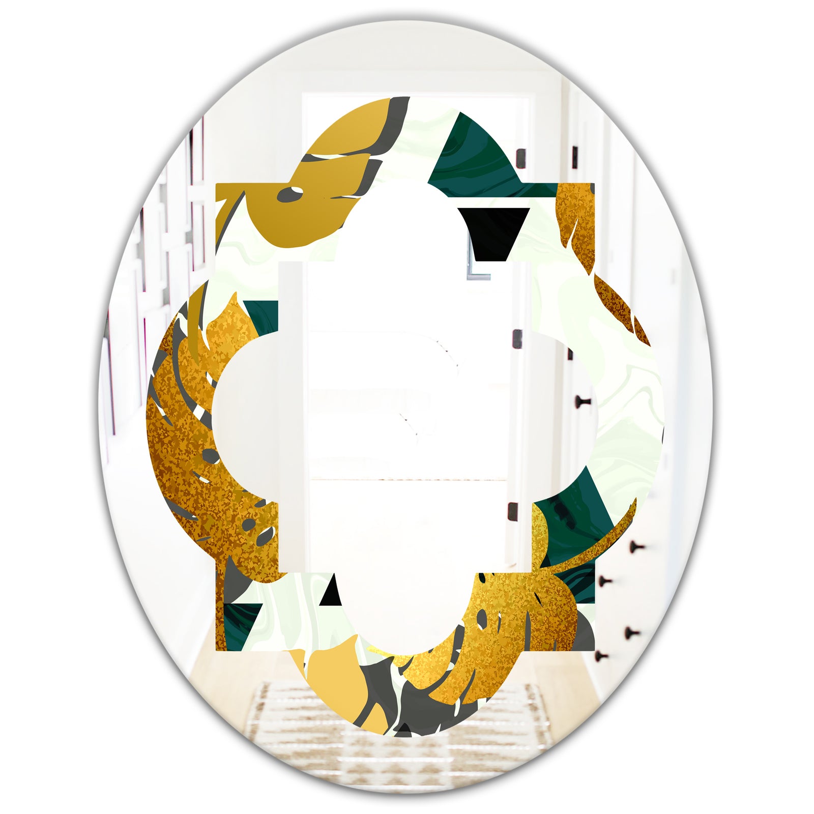 Golden Foliage V - Modern Round or Oval Wall Mirror - Quatrefoil