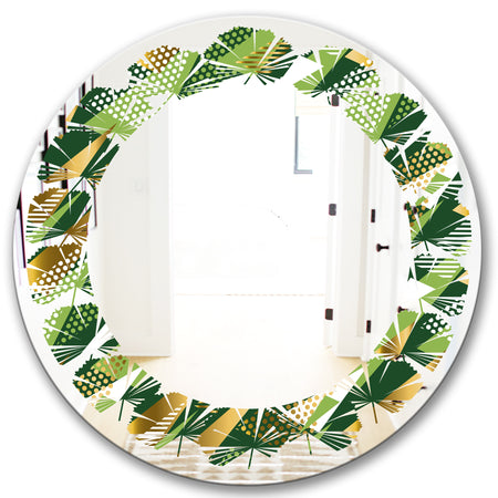 Triangular Gold and Green Design I - Modern Round or Oval Wall Mirror - Leaves