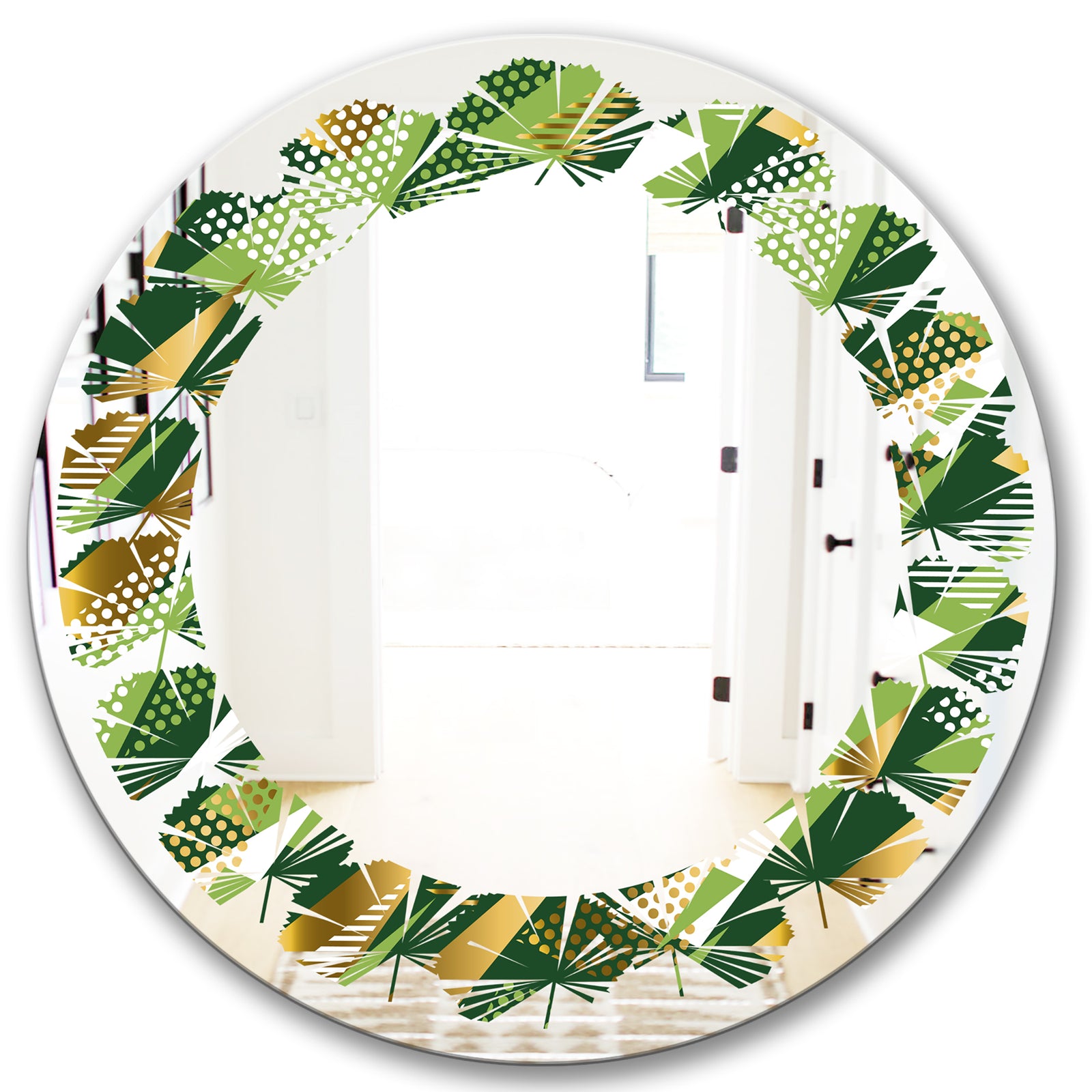 Triangular Gold and Green Design I - Modern Round or Oval Wall Mirror - Leaves