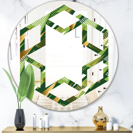 Triangular Gold and Green Design I - Modern Round or Oval Wall Mirror - Hexagon Star