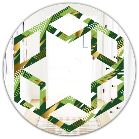 Triangular Gold and Green Design I - Modern Round or Oval Wall Mirror - Hexagon Star