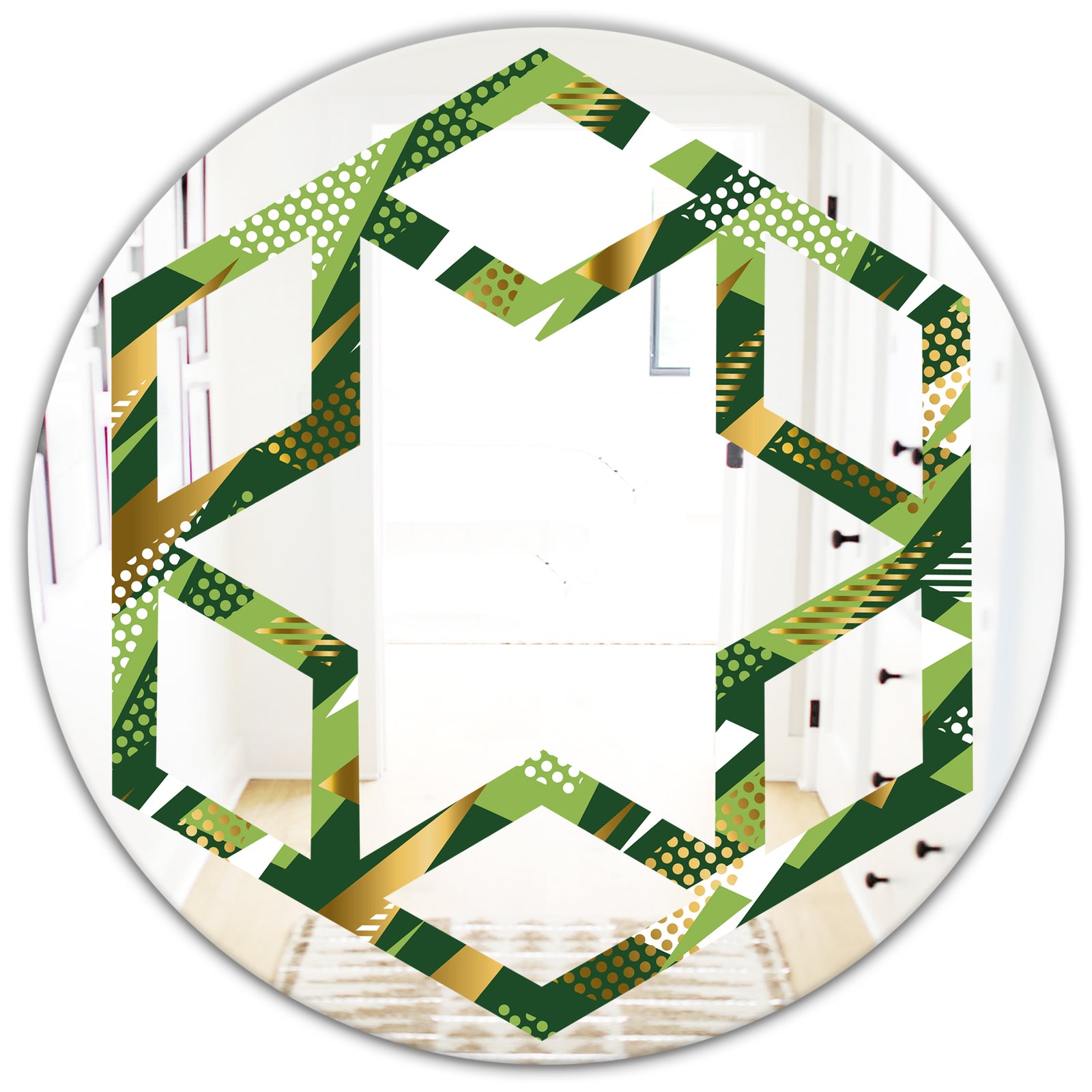 Triangular Gold and Green Design I - Modern Round or Oval Wall Mirror - Hexagon Star