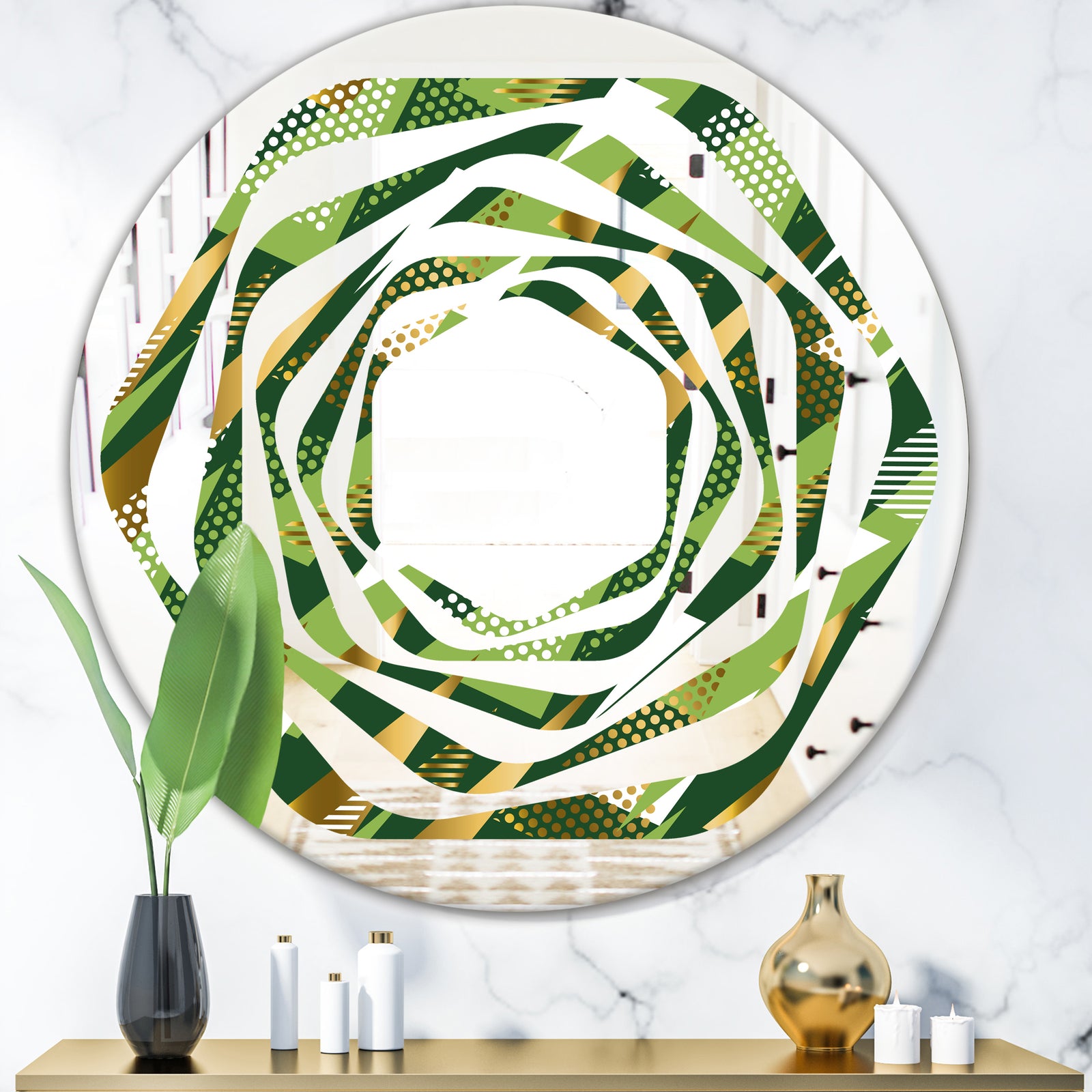 Triangular Gold and Green Design I - Modern Round or Oval Wall Mirror - Whirl
