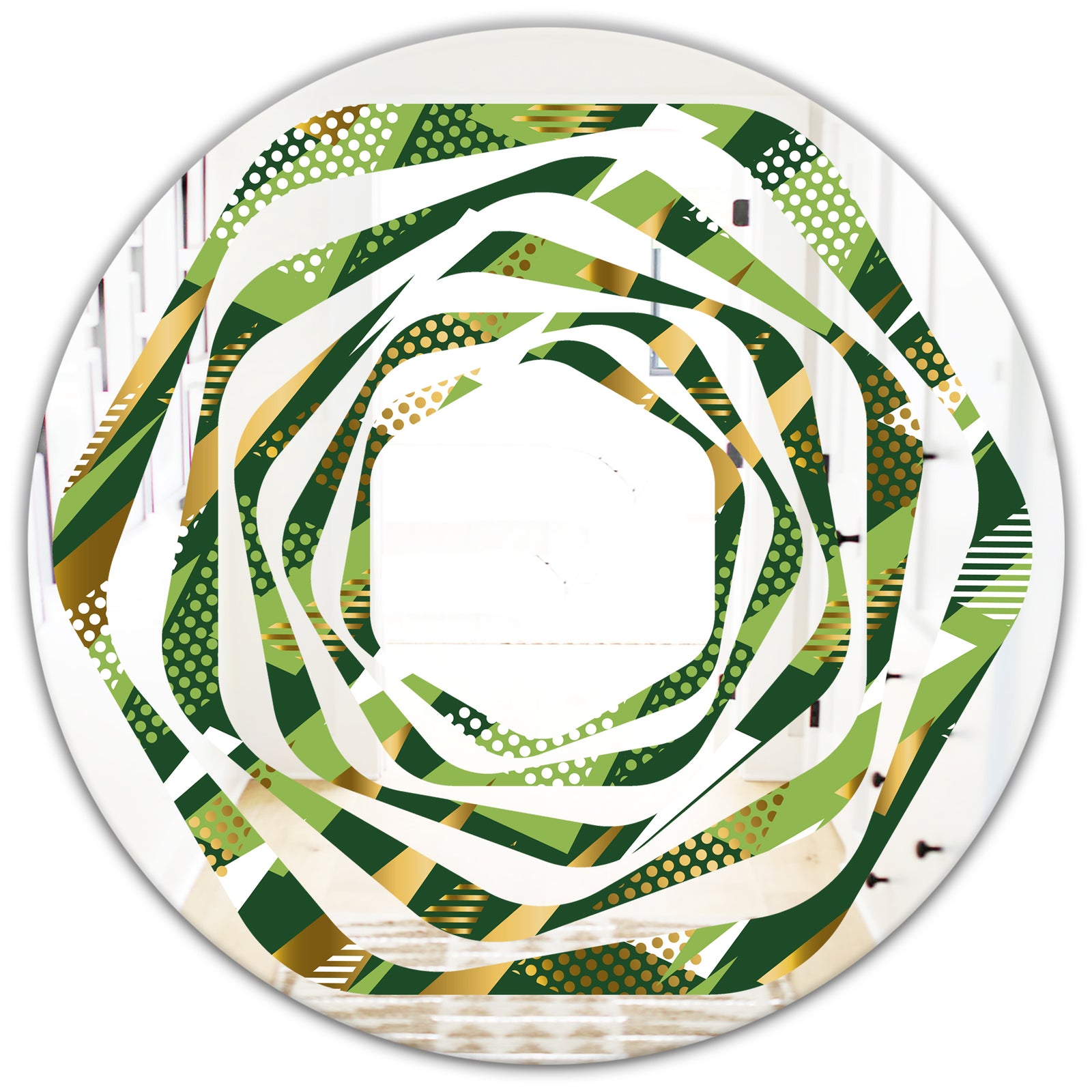 Triangular Gold and Green Design I - Modern Round or Oval Wall Mirror - Whirl