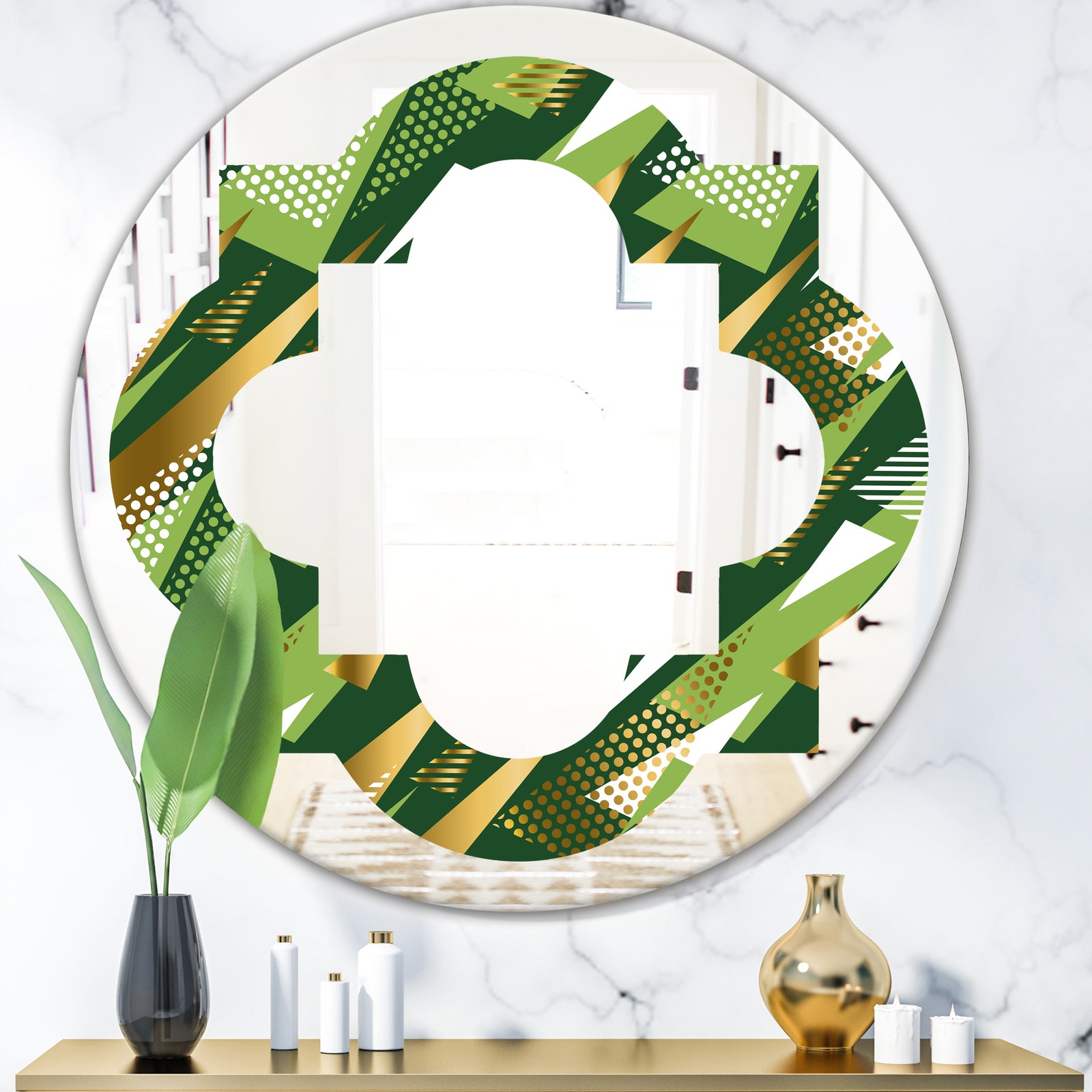 Triangular Gold and Green Design I - Modern Round or Oval Wall Mirror - Quatrefoil