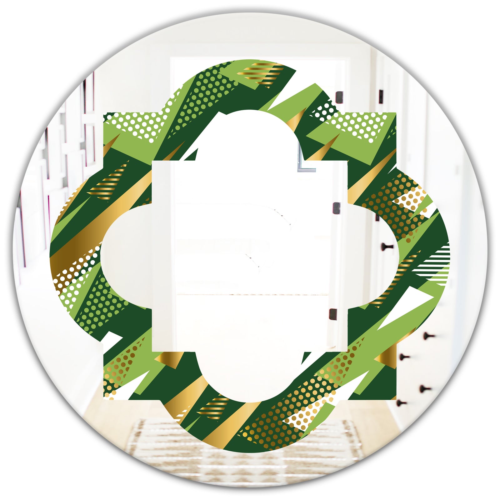 Triangular Gold and Green Design I - Modern Round or Oval Wall Mirror - Quatrefoil