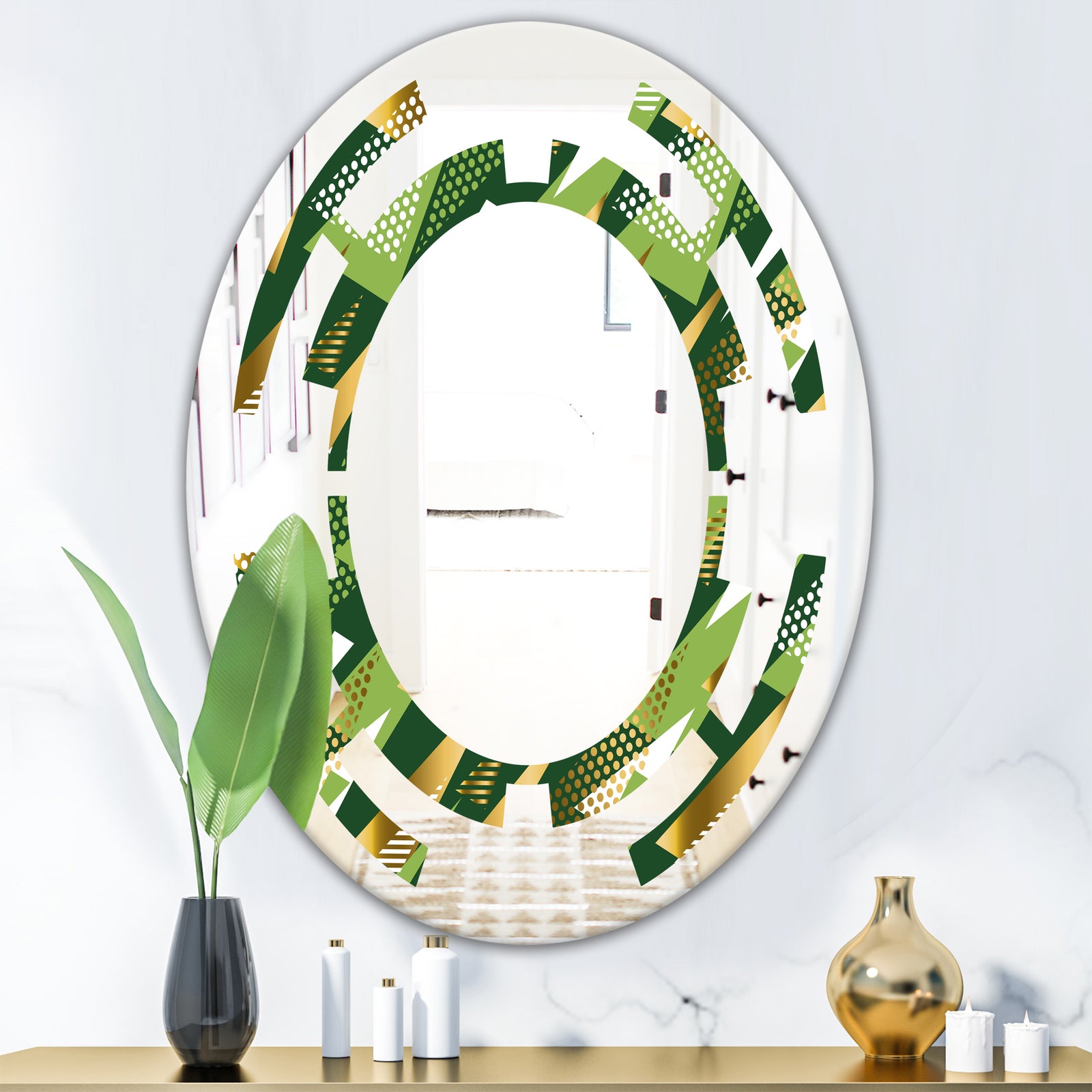 Triangular Gold and Green Design I - Modern Round or Oval Wall Mirror - Space