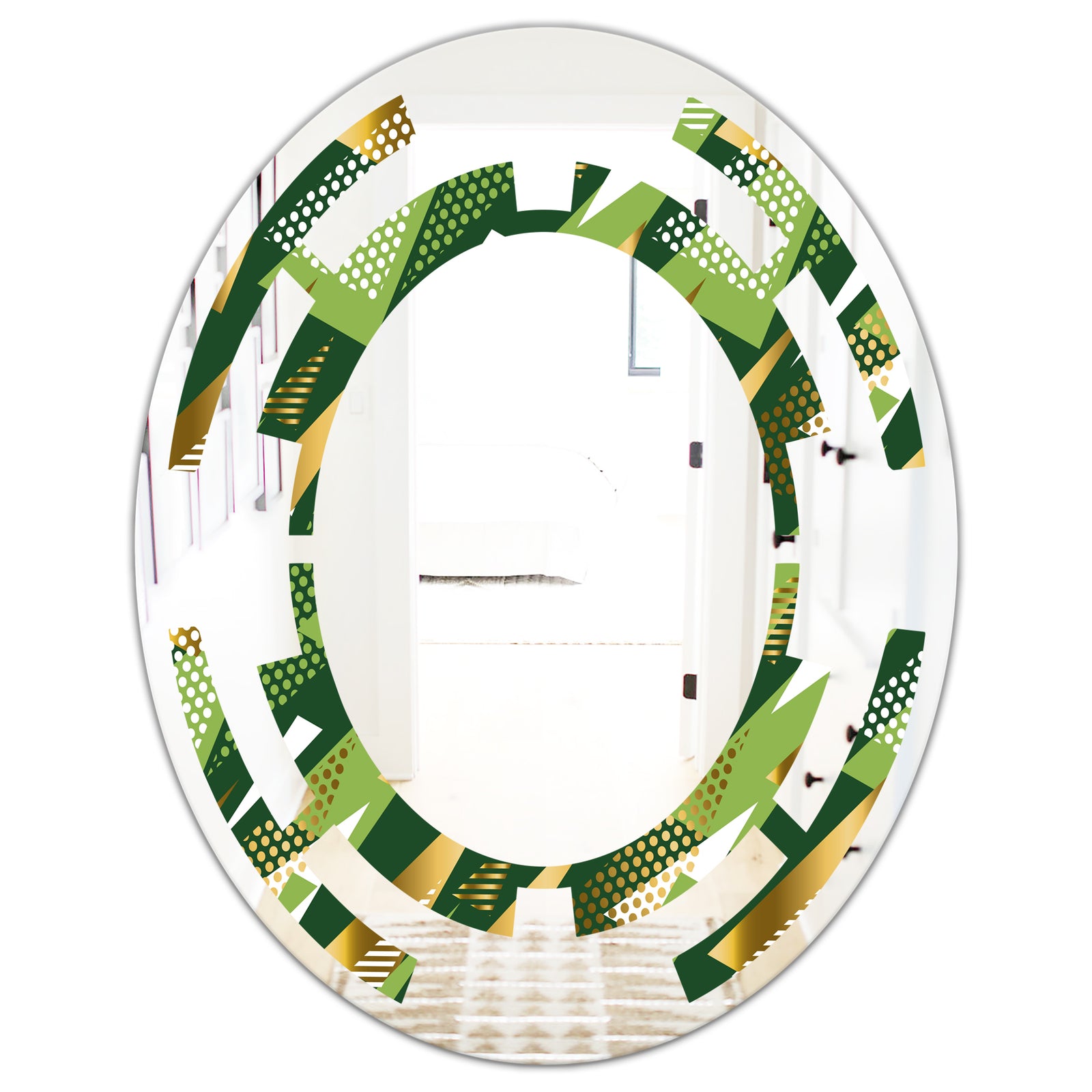 Triangular Gold and Green Design I - Modern Round or Oval Wall Mirror - Space