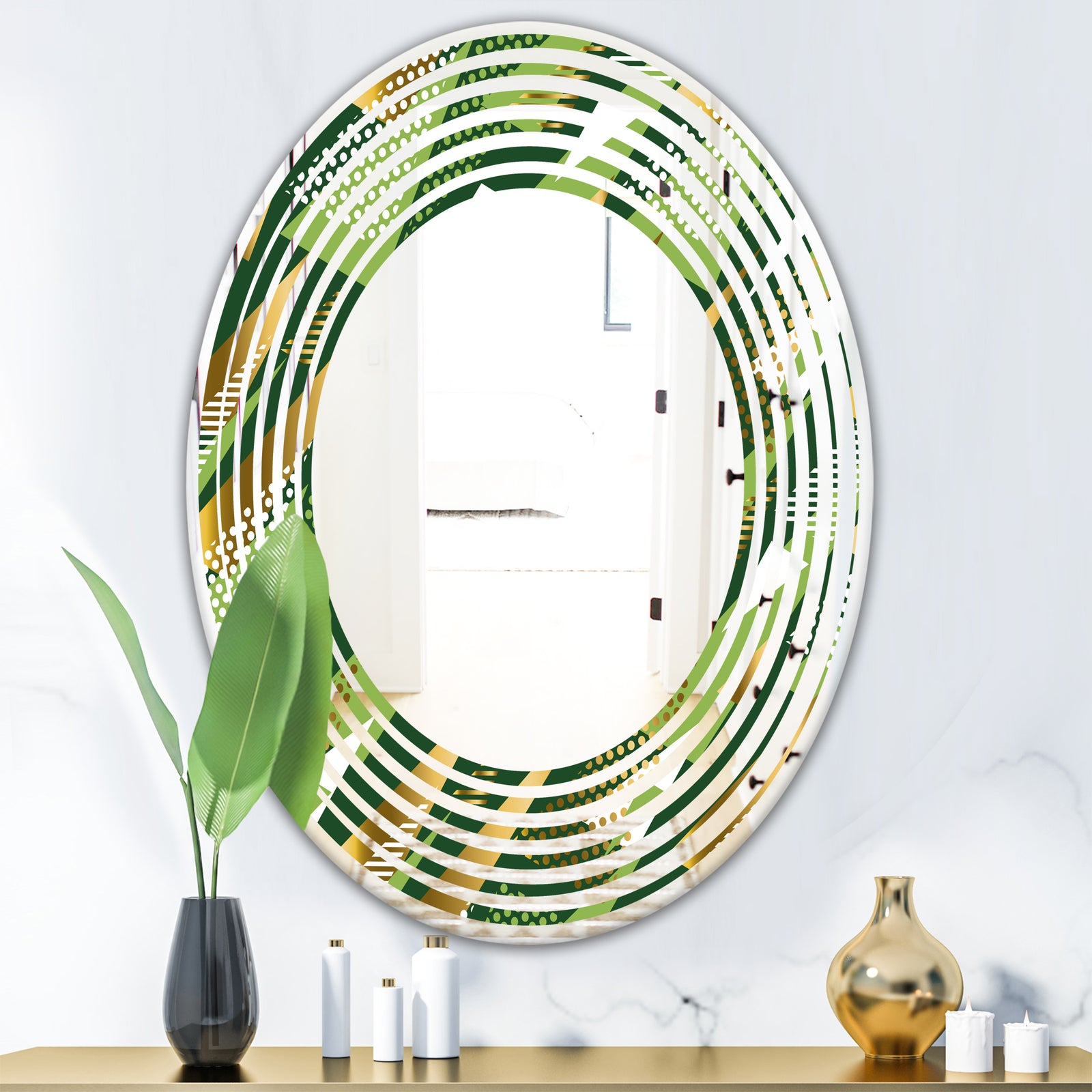 Triangular Gold and Green Design I - Modern Round or Oval Wall Mirror - Wave