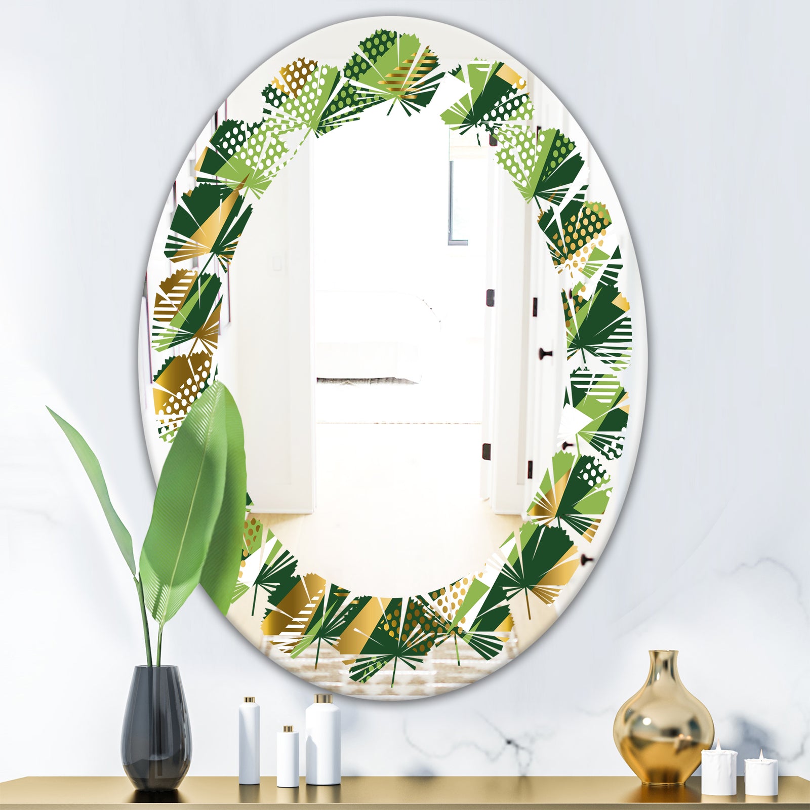 Triangular Gold and Green Design I - Modern Round or Oval Wall Mirror - Leaves