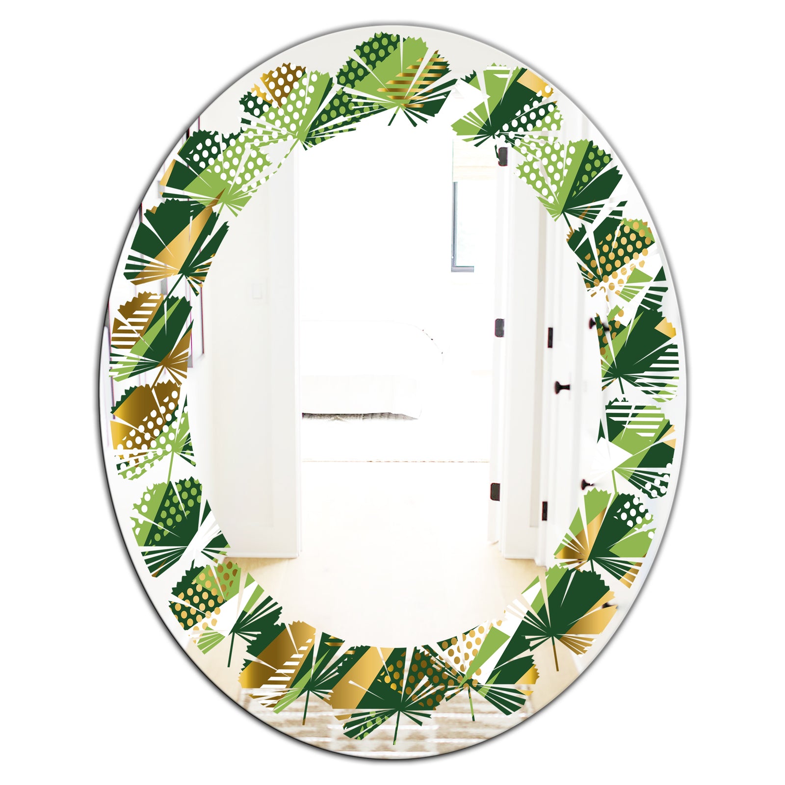 Triangular Gold and Green Design I - Modern Round or Oval Wall Mirror - Leaves