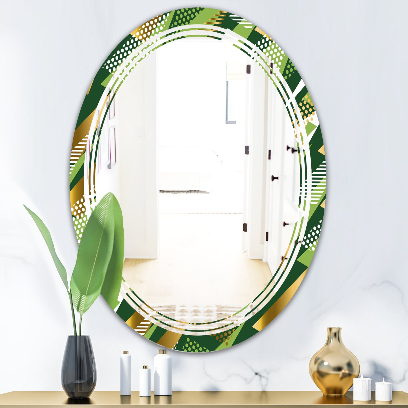 Triangular Gold and Green Design I - Modern Round or Oval Wall Mirror - Triple C