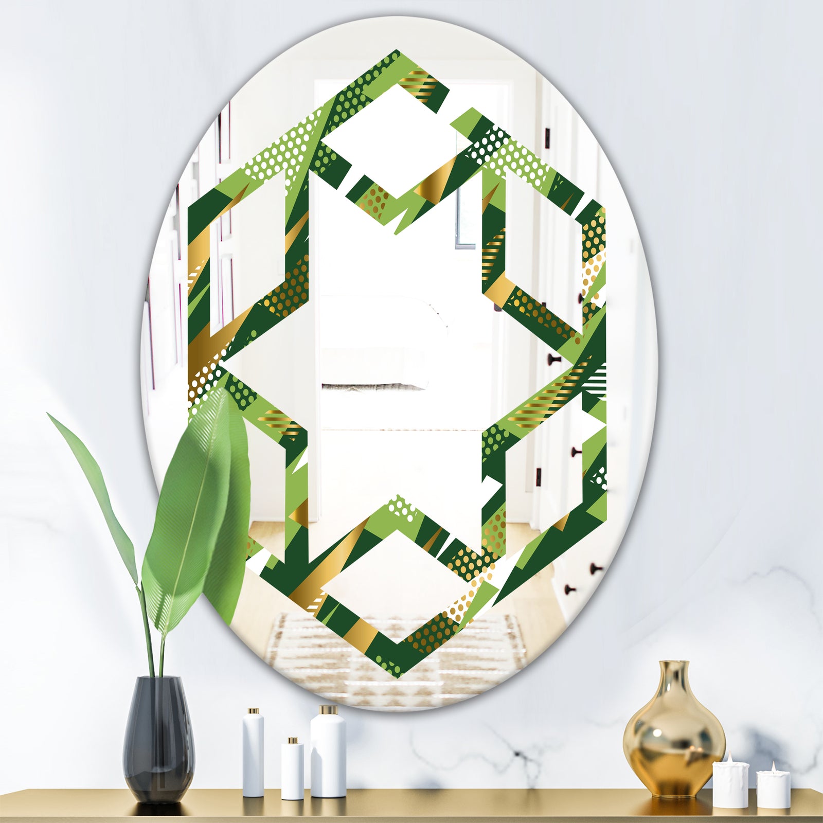 Triangular Gold and Green Design I - Modern Round or Oval Wall Mirror - Hexagon Star