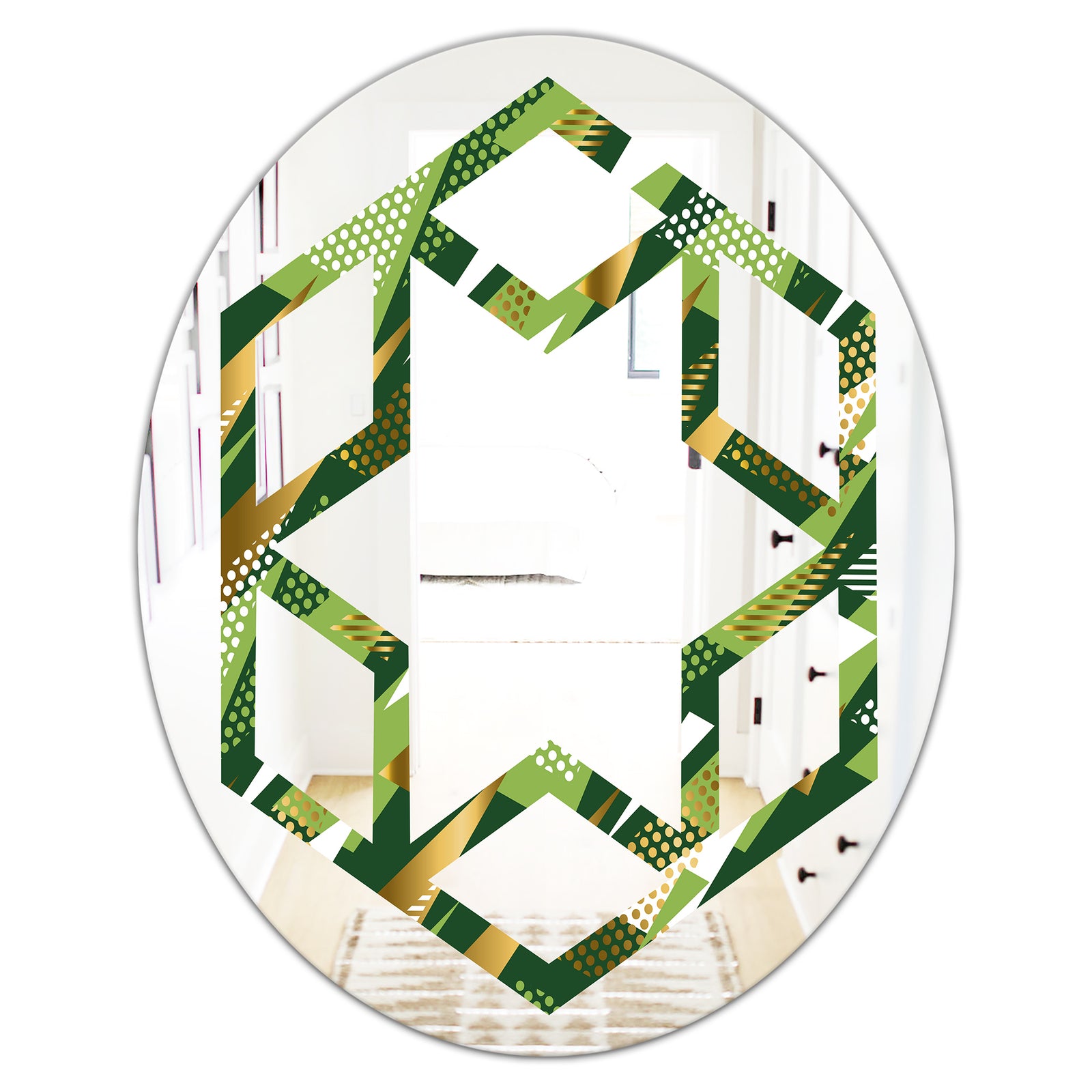Triangular Gold and Green Design I - Modern Round or Oval Wall Mirror - Hexagon Star