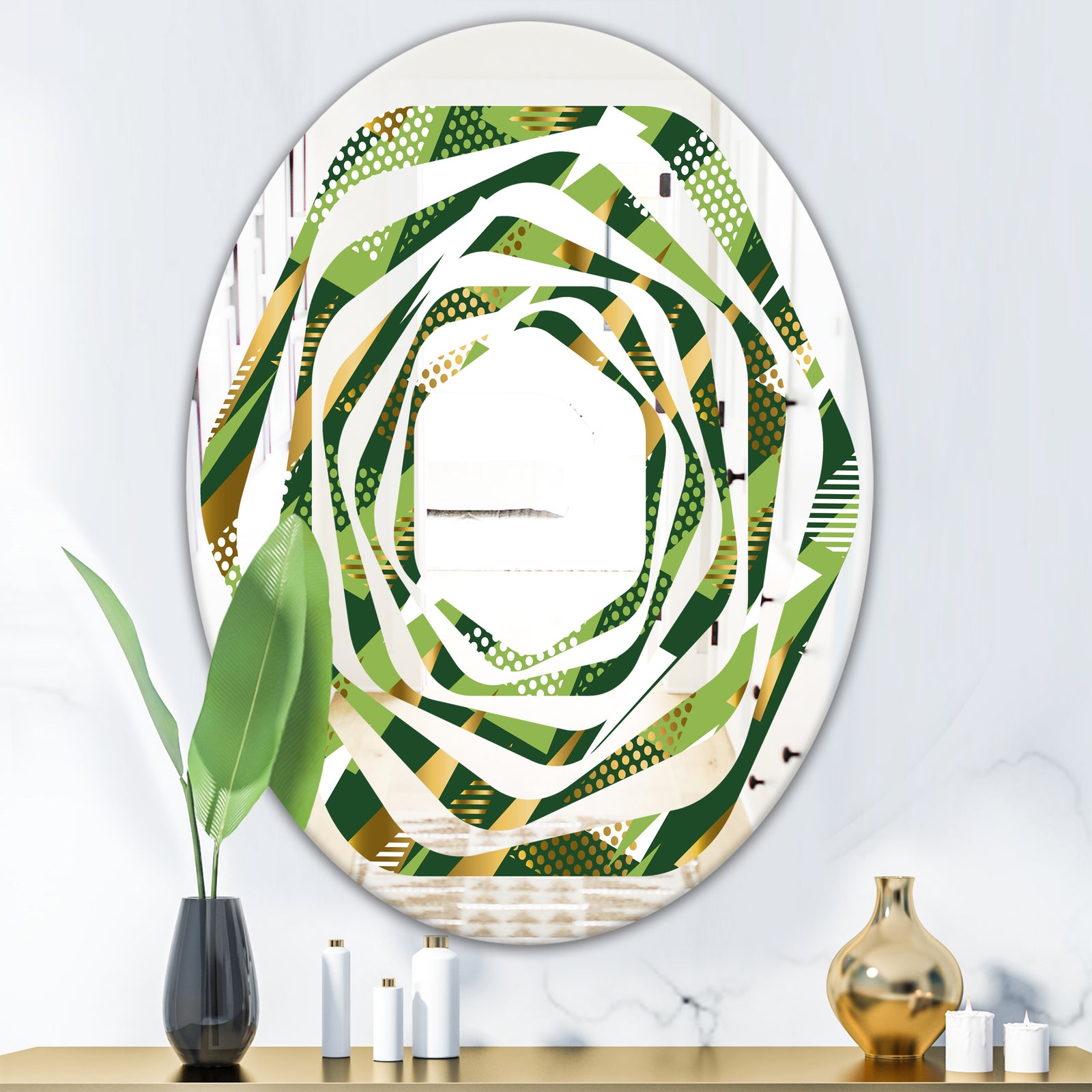 Triangular Gold and Green Design I - Modern Round or Oval Wall Mirror - Whirl