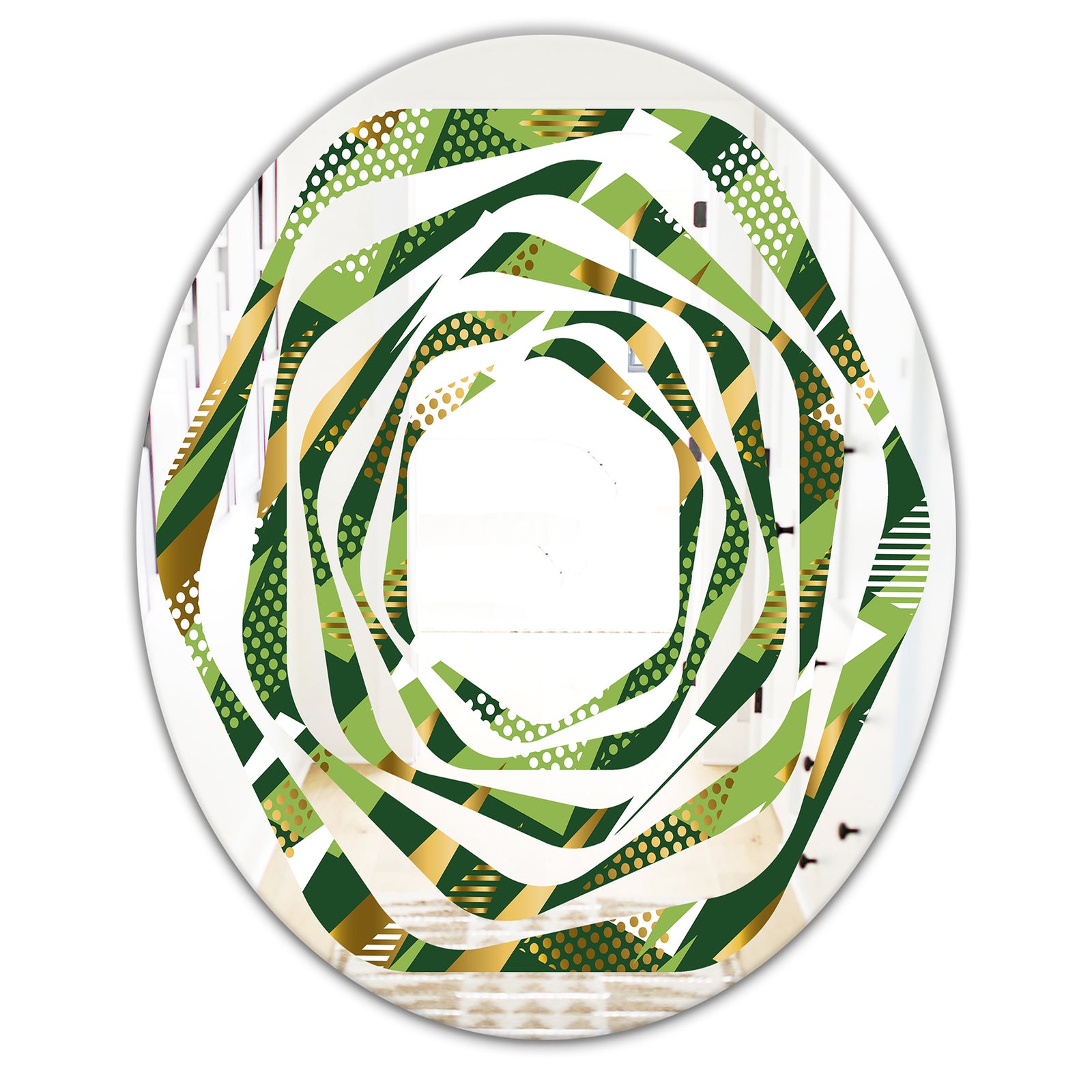 Triangular Gold and Green Design I - Modern Round or Oval Wall Mirror - Whirl