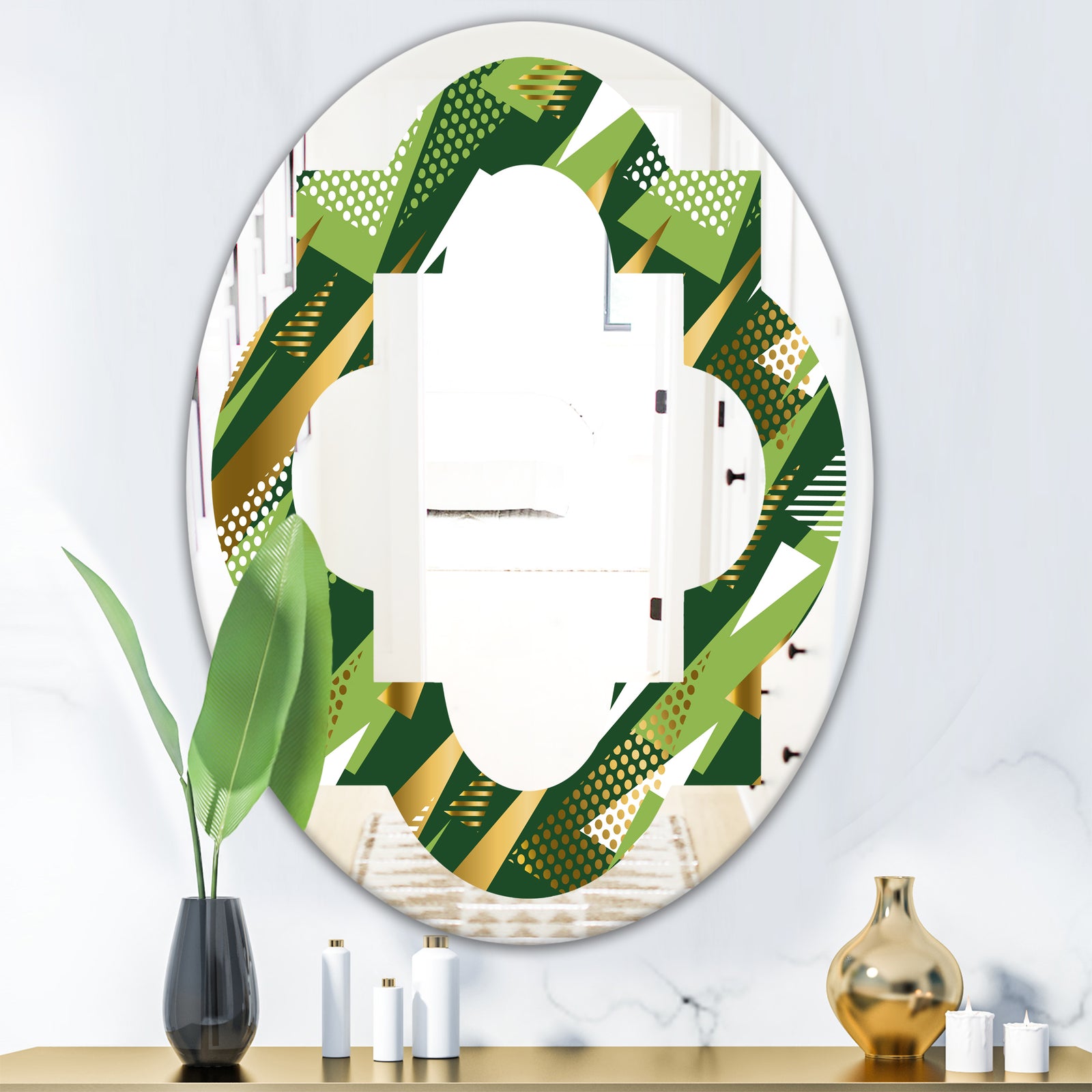 Triangular Gold and Green Design I - Modern Round or Oval Wall Mirror - Quatrefoil